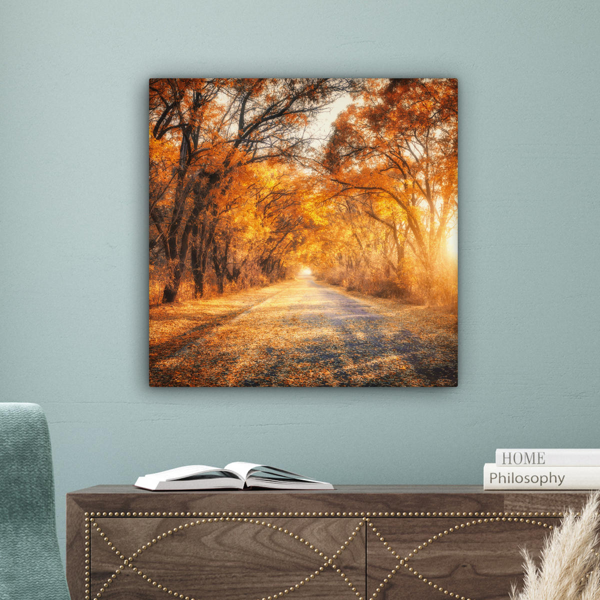 LEINWANDBILD Wald - Herbst - Bäume - Waldweg - Natur Wandbild Wohnzimmer 50x50 cm - Bernsteinfarben, Textil (50/50cm) - MuchoWow