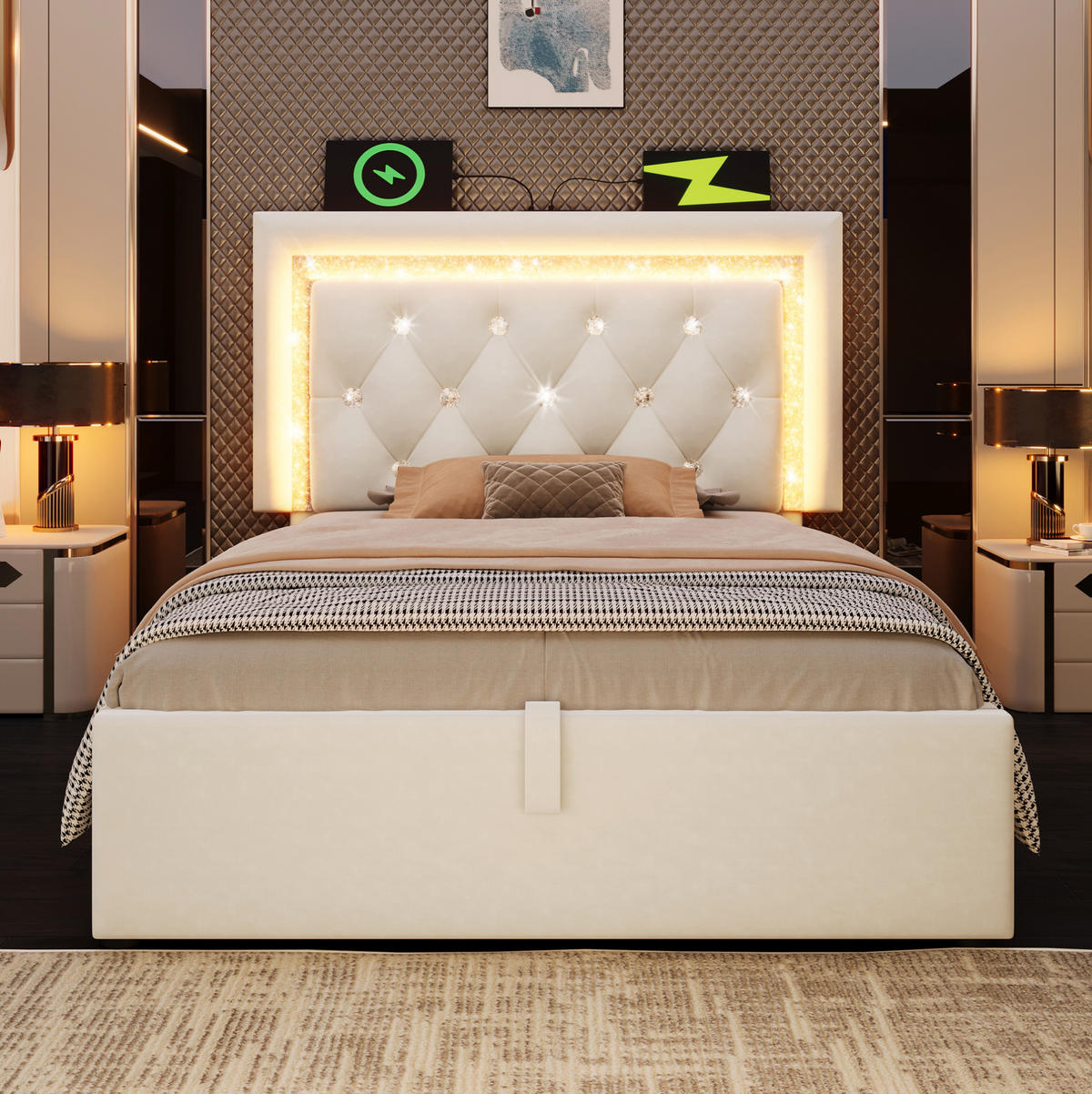 SAMT-POLSTERBETT 90/200 cm mit LED-Beleuchtung, Bettkasten und USB/Type-C - Beige, Textil (90/200cm) - BEAOK