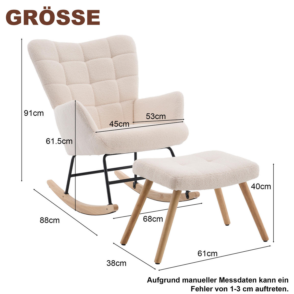 SCHAUKELSTUHL wohnzimmer mit hocker und verdicktem Sitzkissen ,Bodenschutzleiste, beige - Beige, Holzwerkstoff/Textil (68/91/88cm) - STILVORA