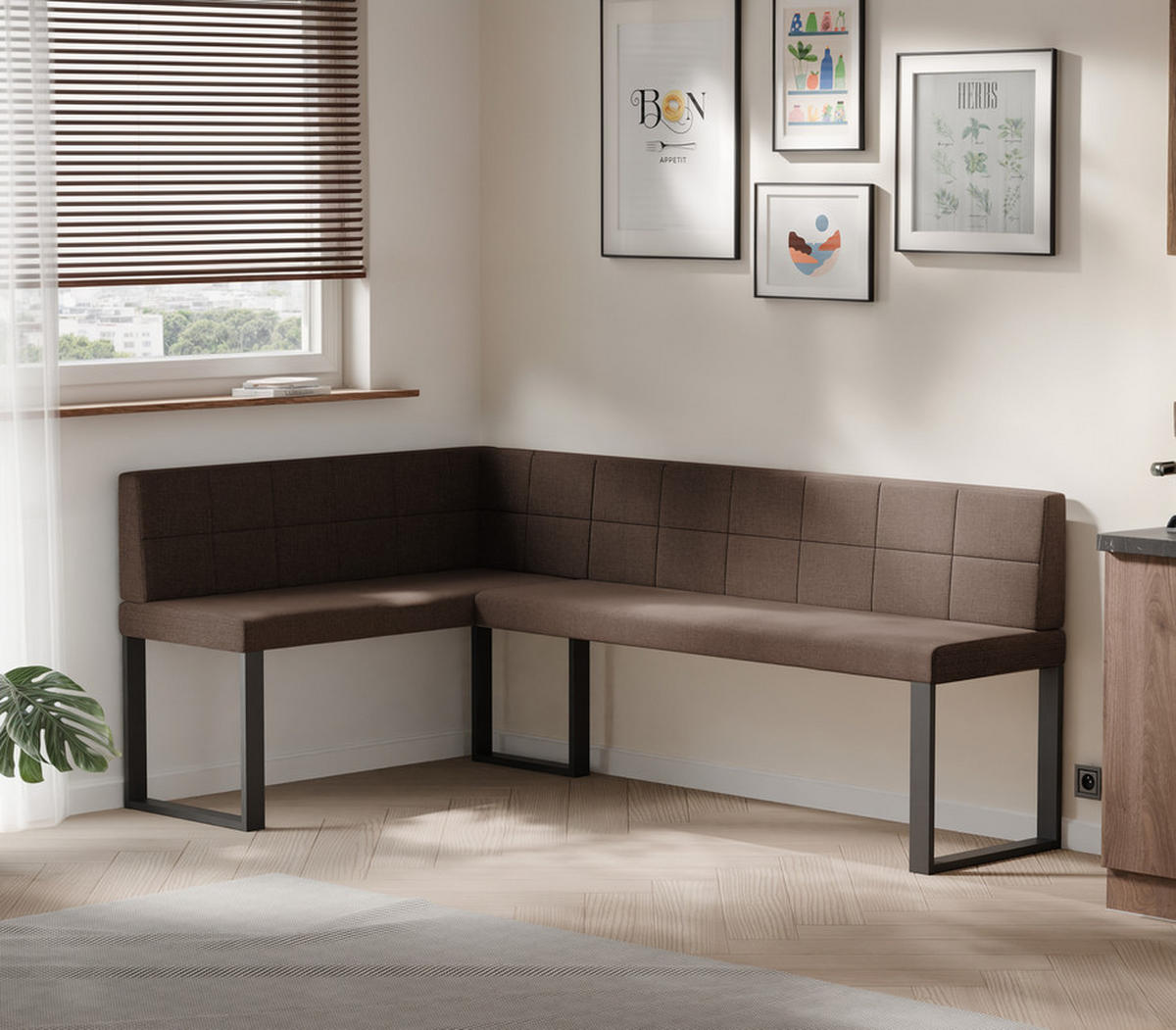 ECKBANK links SANA U Webstoff gesteppt, 128/168 cm Braun - Braun, Textil/Metall (128/168cm) - Idohome