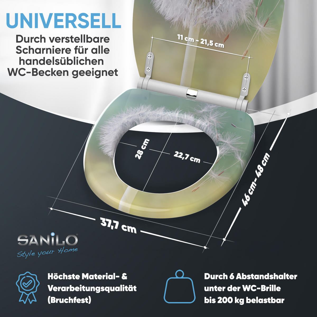 WC-SITZ mit Absenkautomatik & Top Fix Pusteblume - Türkis, Holzwerkstoff (37.7/5.5/48cm) - Sanilo