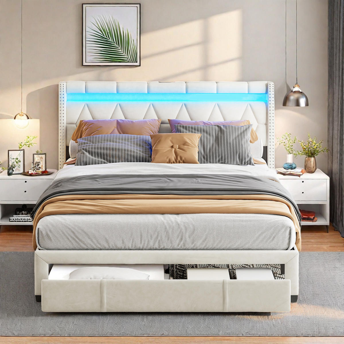 KLÄDD säng 160x200 cm beige tyg LED USB 4 lådor - Beige, Trä (160/200cm) - SHOPENTRA