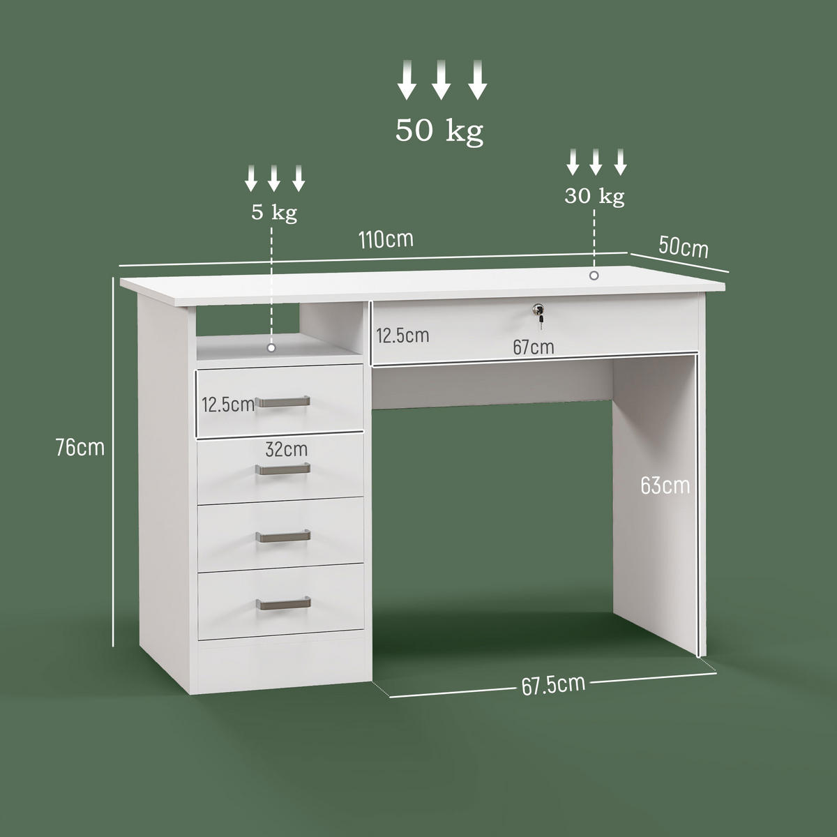 BÜROTISCH Weiß 1 Stück - Weiß, Holzwerkstoff (50/110/76cm) - GiPP