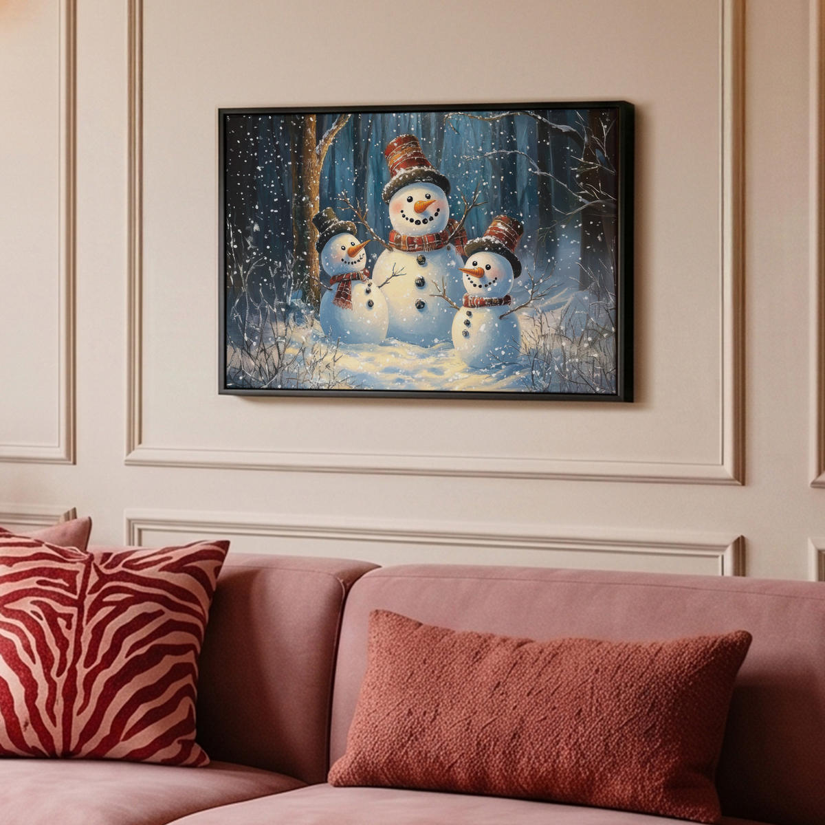 LEINWAND Bilder mit Rahmen - Schneemann - Schnee - Winter - Wald - 60x40 - Hellblau, Textil (60/40cm) - MuchoWow