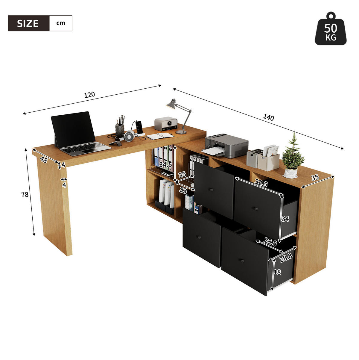 KREDENCA iz MDF, črno/hrastov videz, 120/48/78 cm - barve hrasta, leseni material (35/74/140cm) - OKMYHOME