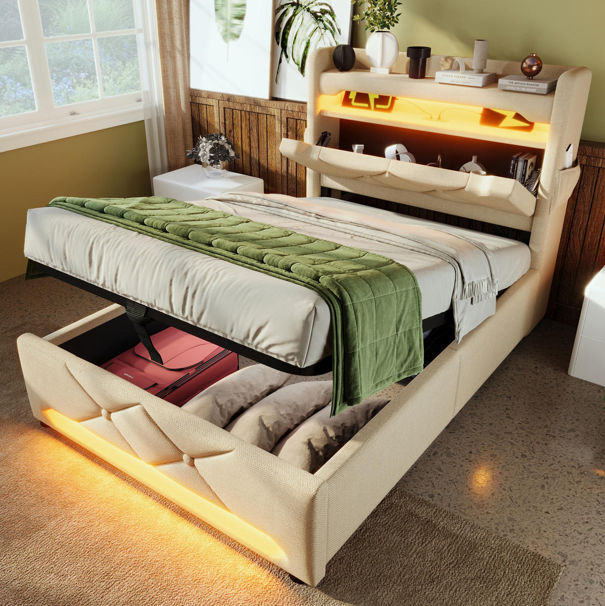 BETT mit LED, USB und Stauraum 90x200 cm Leinen Beige - Beige, Metall (90/200cm) - Meubliv