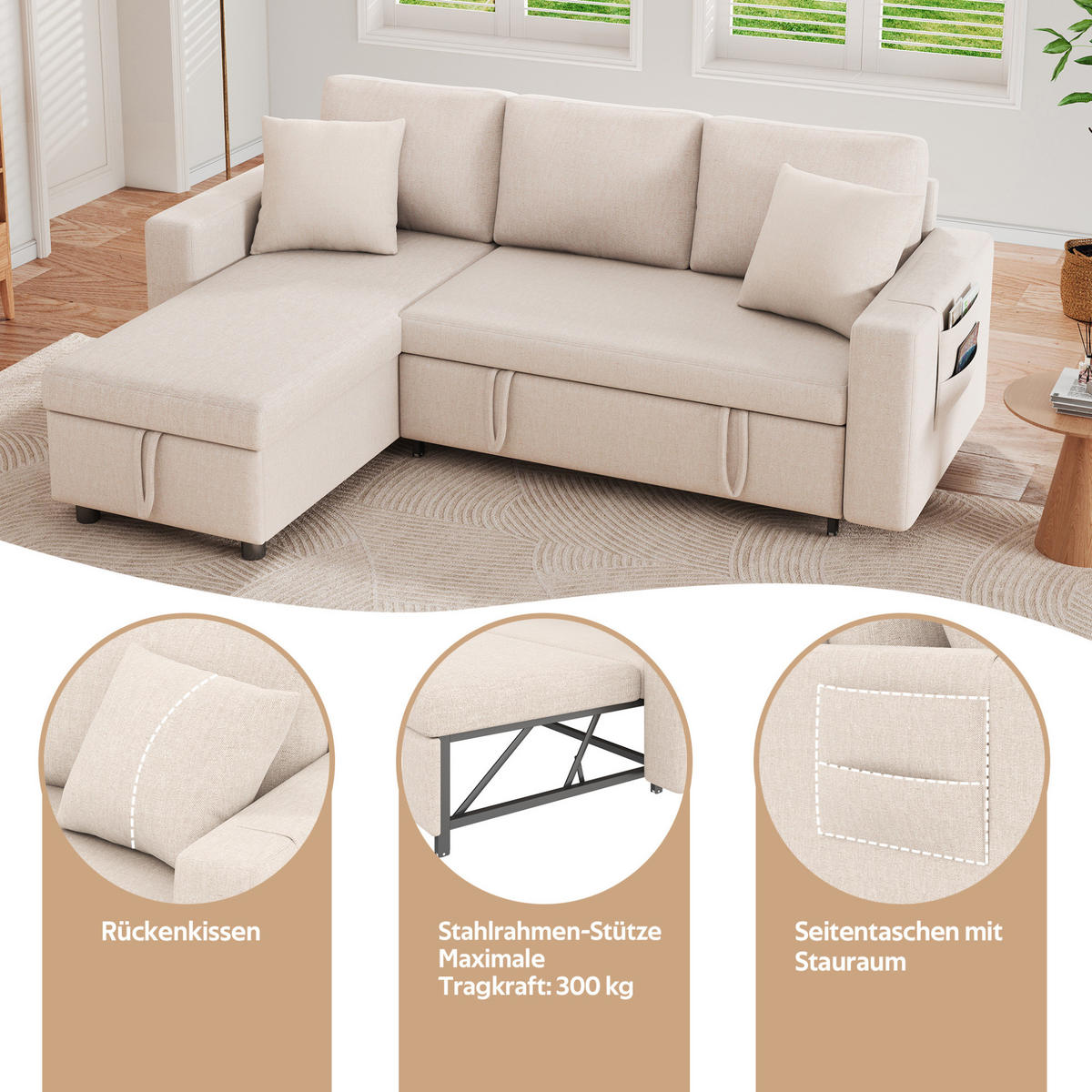 SCHLAFSOFA Leinen mit Stauraum und wechselbarer Chaiselongue Beige 219,5/142,5/83 cm - Beige, Textil (83/219.5/142.5cm) - Redom
