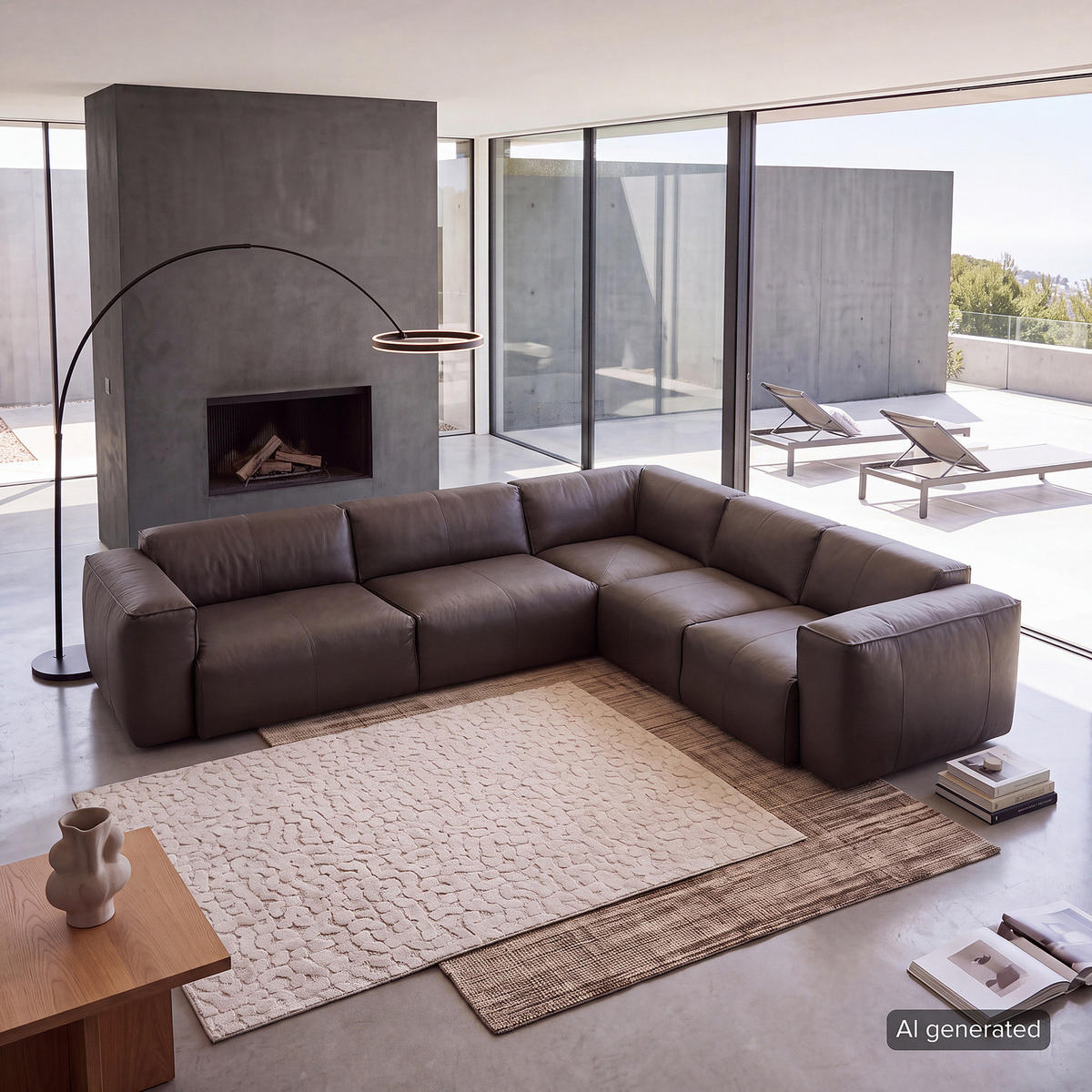 ECKSOFA mit Rundecke - Dunkelbraun/Schwarz, Leder/Kunststoff (325/260cm) - home24