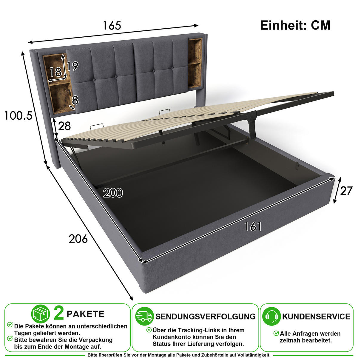 POLSTERBETT 160/200 cm in Grau mit Bettkasten, Kabellosem Laden, USB und Type-C Baumwolle - Grau, Holzwerkstoff/Textil (160/200cm) - CHICFURN
