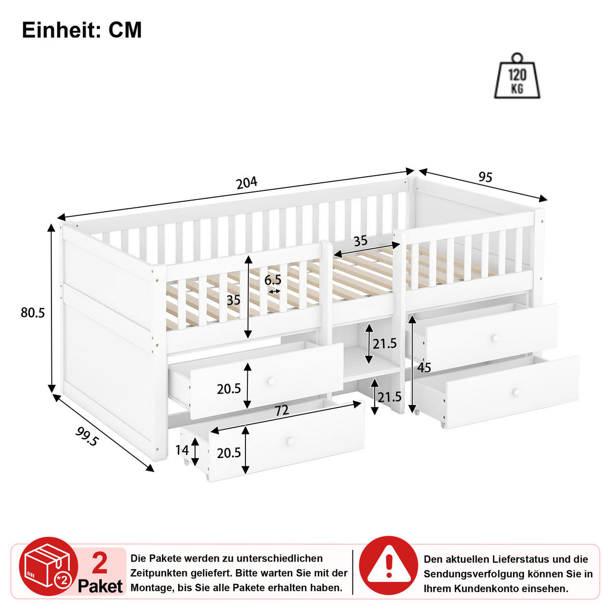 HOCHBETT 90/200 cm in Weiß mit 4 Schubladen, Leiter und Geländer - Weiß, Holz/Holzwerkstoff (90/200cm) - CHICFURN