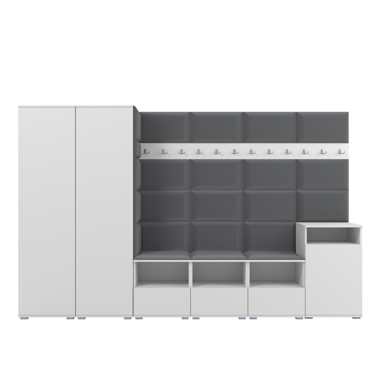 GARDEROBE NELA XII 300 cm (Modulare Flurmöbel Weiß mit Sitzpolster Dunkelgrau 15 Gigantisches Set) - Dunkelgrau/Silberfarben, Holz/Holzwerkstoff (300/187/40cm) - Ravio