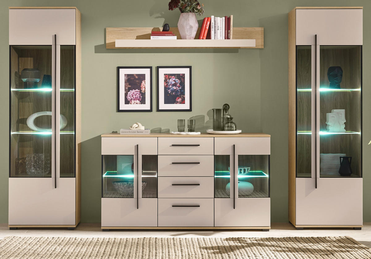 WOHNWAND Kaschmir, Eiche 4-teilig 290 cm, Wohnkombination mit Soft-Close - Kaschmir/Eichefarben, Glas/Holzwerkstoff (290/200/37cm) - Furn.Design