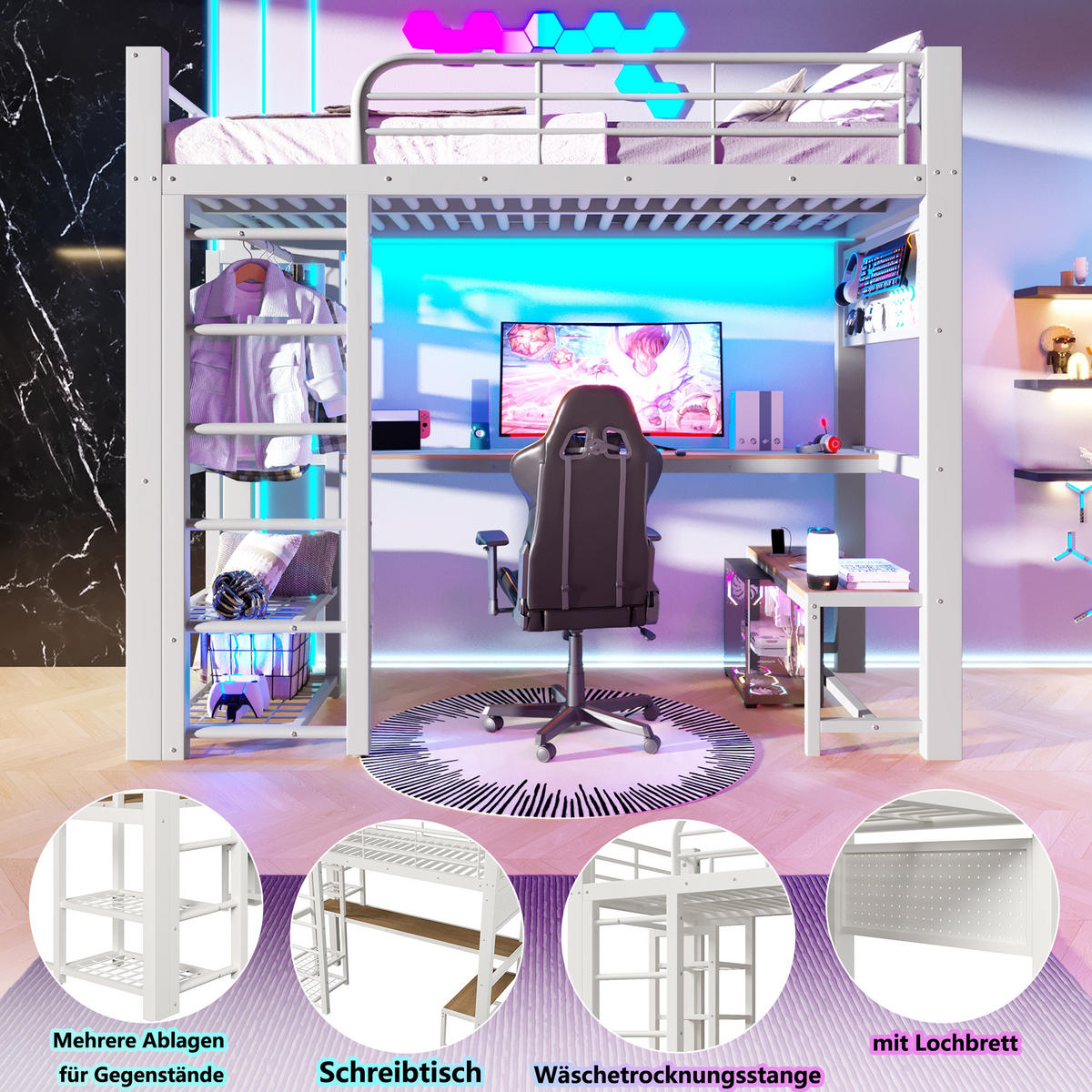 HOCHBETT 90/200 cm in Weiß Metall mit LED, Schreibtisch, Stauraum - Weiß, Holzwerkstoff/Metall (90/200cm) - WISHDOR