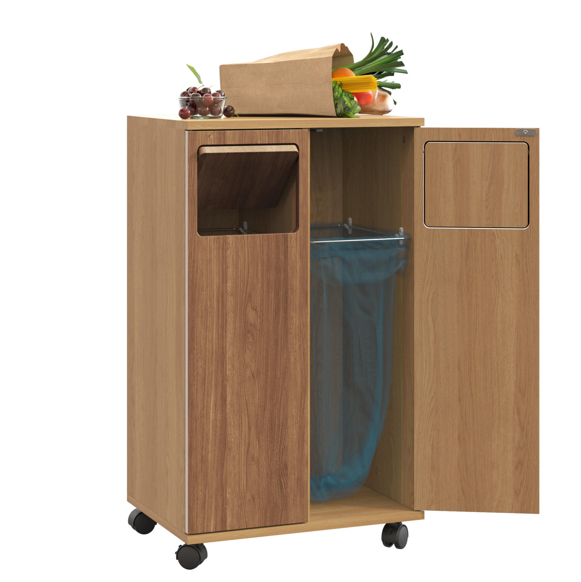 SKRINKA na odpad z MDF 46,7x35x80,3 cm prírodná s 2 priehradkami, kolieskami a 180° dvierkami - prírodná farba, kompozitné drevo (46/80/35cm) - Modfu