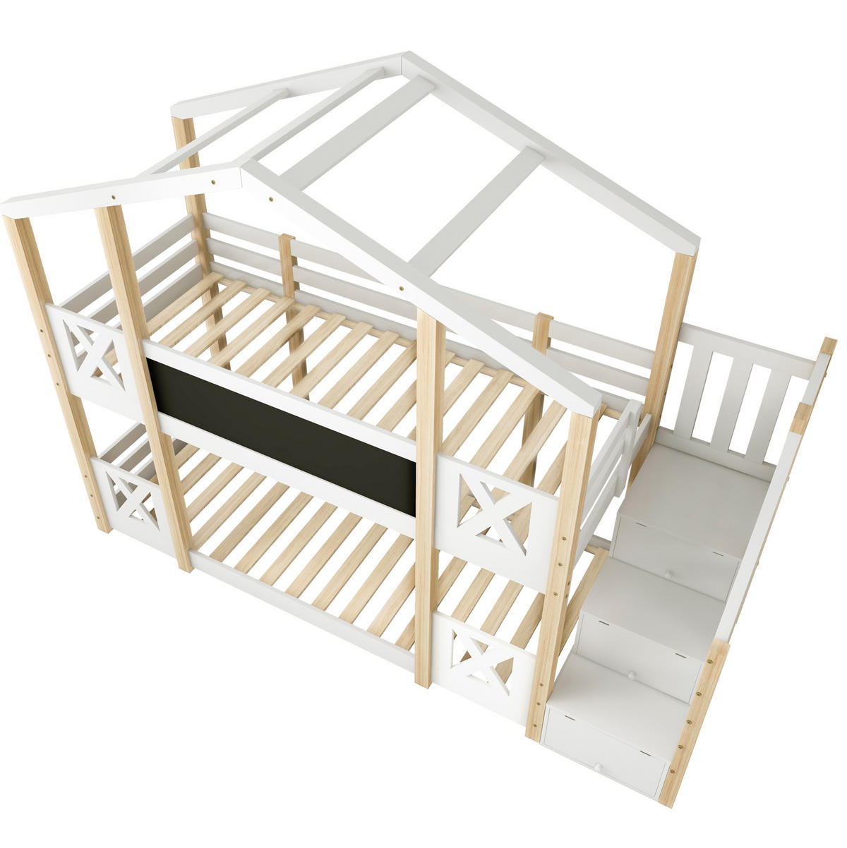 ETAGENBETT aus Holz 90x200 cm in Weiß mit Treppe & Stauraum - Weiß, Holz (90/200cm) - Modfu