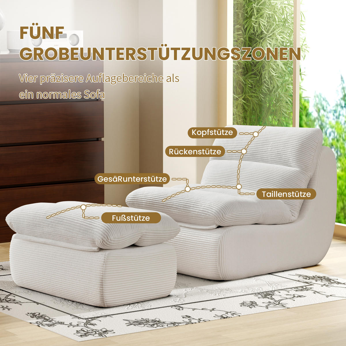 SOFA 101/81/75 cm mit Fußhocker, abnehmbarer Rücken- und Sitzpolsterung aus Cord, Beige - Beige, Textil (81/75/101cm) - Redom
