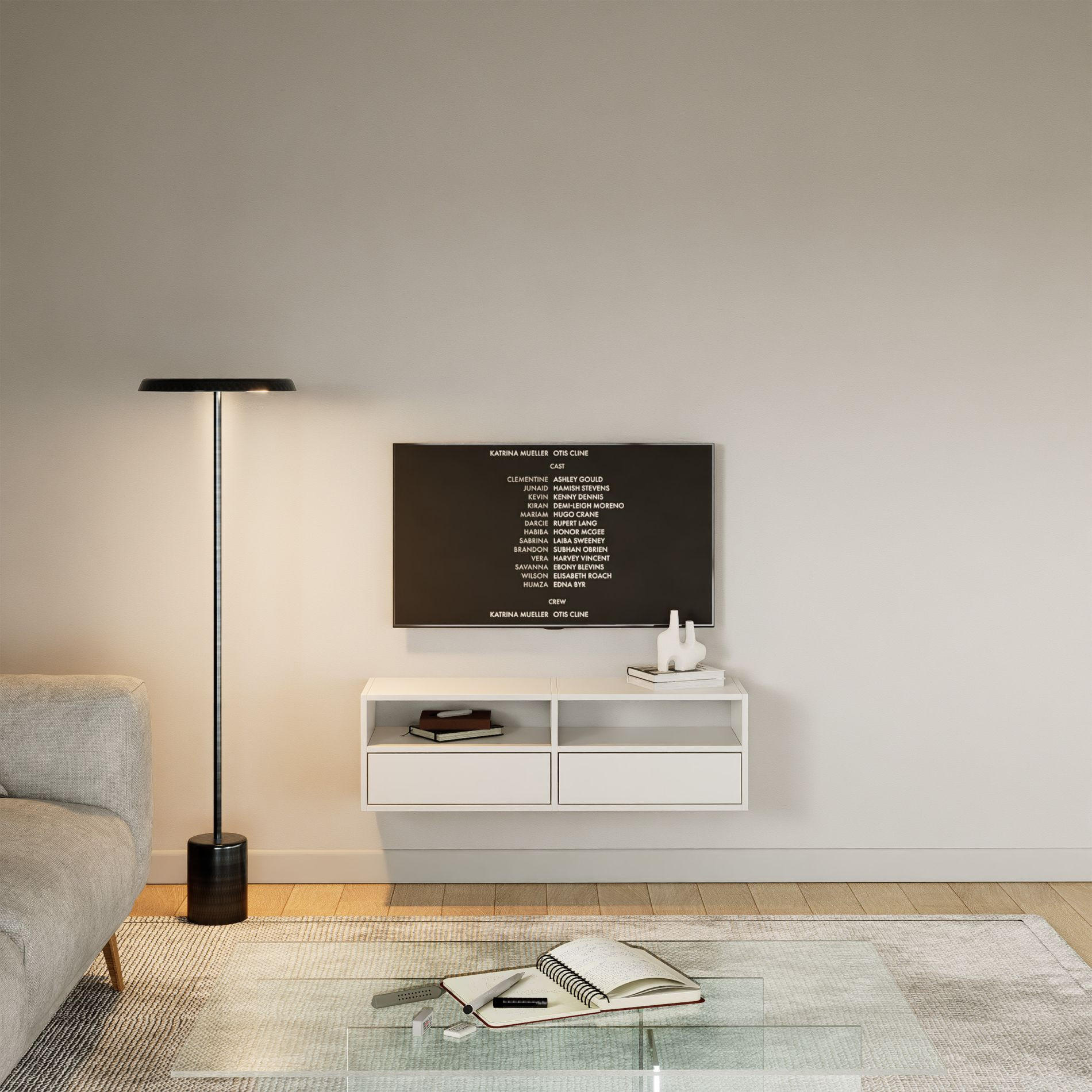 TV-LOWBOARD hängend, 2 Klappen und Ablagen, Weiß, 100 cm - Weiß, Holzwerkstoff (100.6/30/30cm) - Selsey