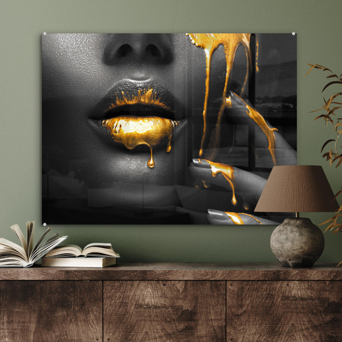 ACRYLGLASBILD Frau - Schwarz - Gold - Gesicht - Lippen 80x60 cm - Goldfarben, Glas (80/60cm) - MuchoWow