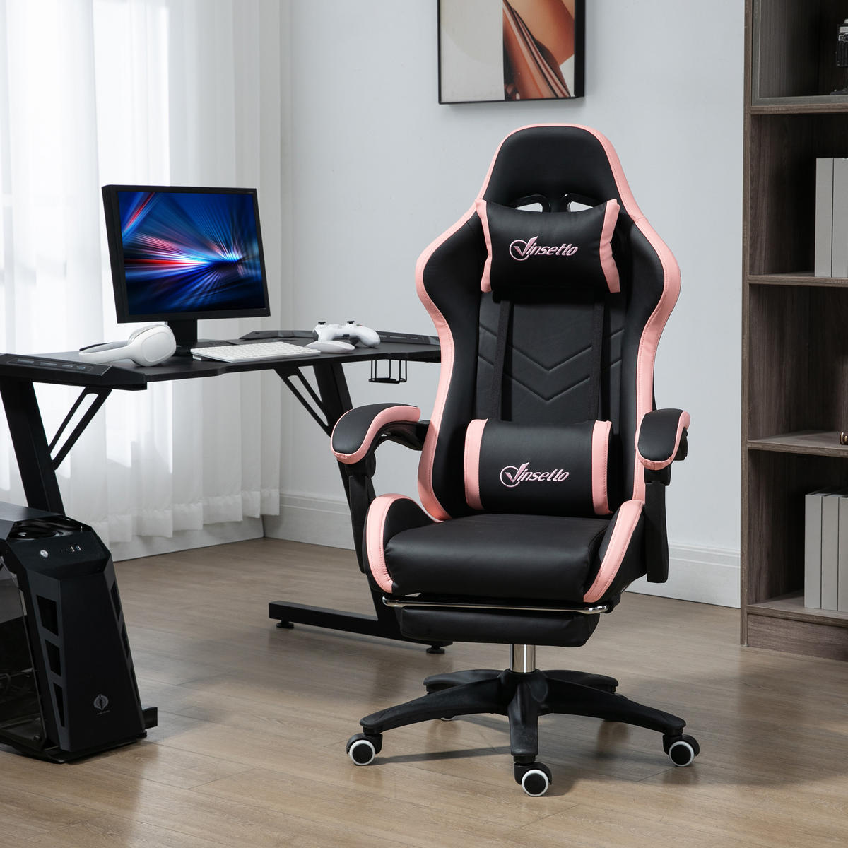 GAMINGSTUHL mit Kopf- und Lendenstütze Rosa + Schwarz - Schwarz, Kunststoff (65/129/65cm)