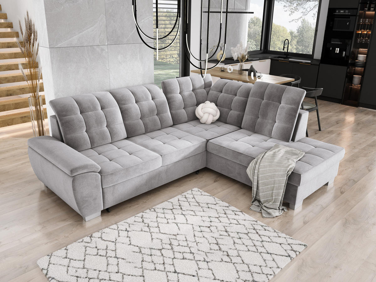 ECKSOFA LOTTA SALVADOR Bettkasten verstellbare Kopfstützen hochwertige Verarbeitung lose Rückenkissen freistehend RECHTS 258x212x106 cm Grey - Grau, Holz/Textil (258/212cm) - DomoHome