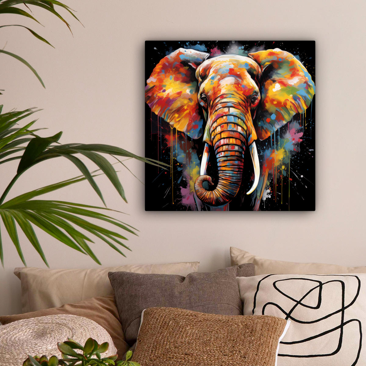 LEINWANDBILD Elefant - Graffiti - Schwarz - Tiere - Farben Wandbild Wohnzimmer 50x50 cm - Schwarz, Textil (50/50cm) - MuchoWow