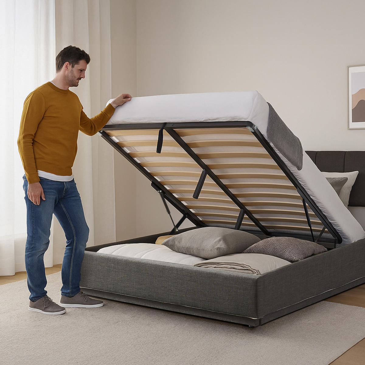 LED ČALOUNĚNÁ POSTEL Tröstiar - černá, kov/kompozitní dřevo (180/200cm) - [en.casa]