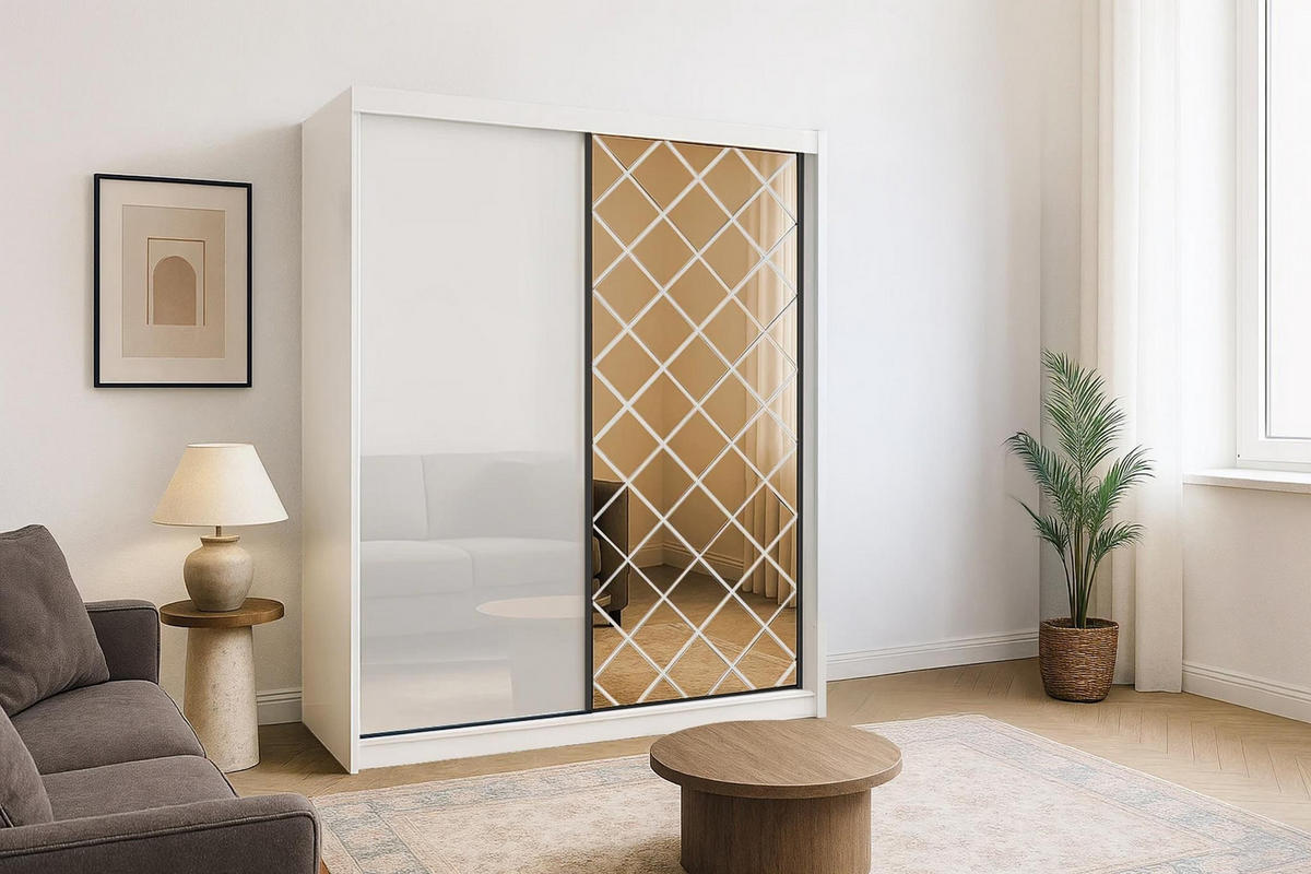 KLEIDERSCHRANK Karo 203 Weiß, zweitüriger Schiebeschrank mit Spiegel - Weiß, Holzwerkstoff (203/216/62cm) - Bettso