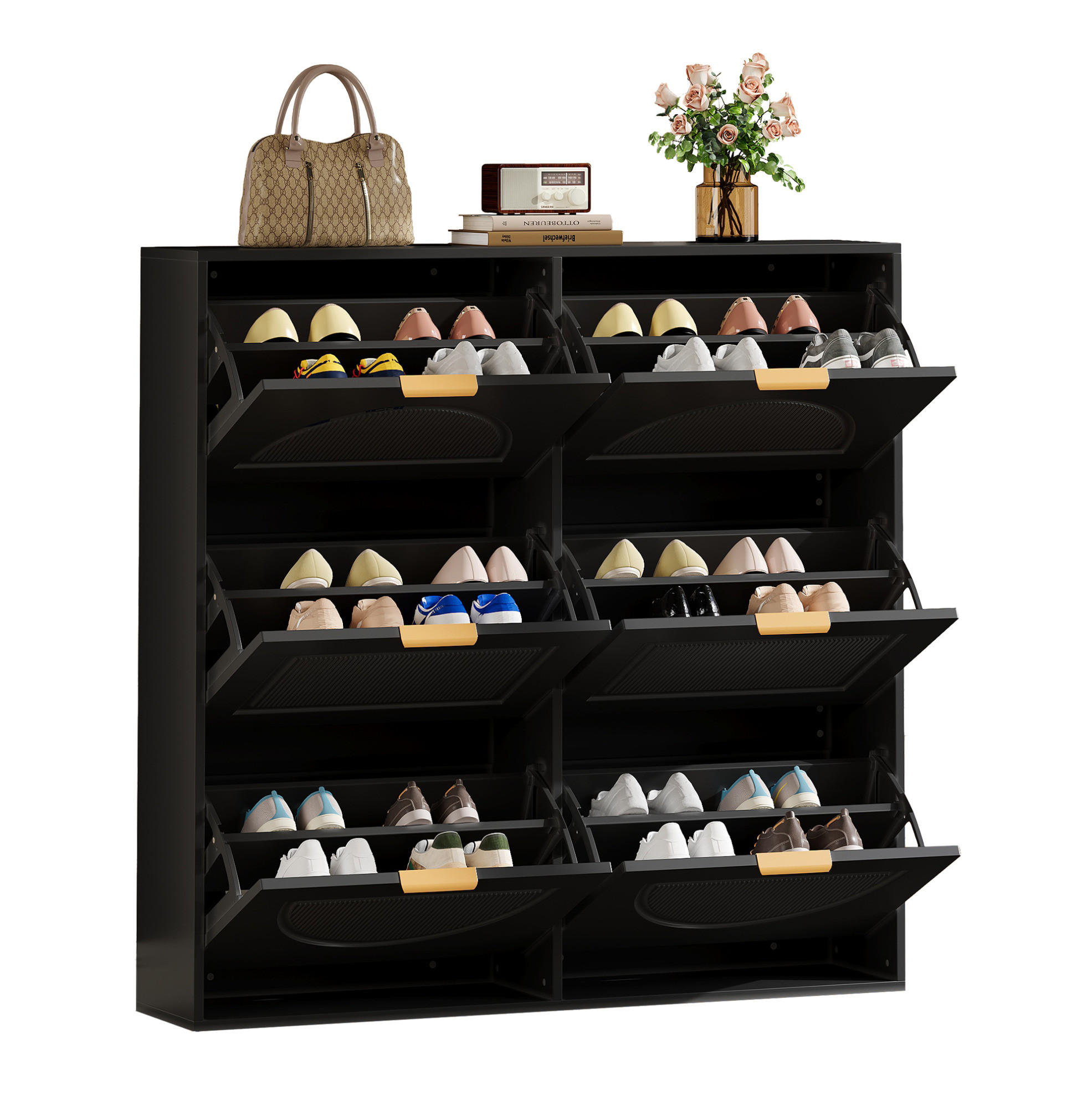 SCHUHSCHRANK 118/25/115 cm schwarz aus MDF mit 6 Klappenfächern - Schwarz, Holzwerkstoff (118/115/25cm) - OKWISH