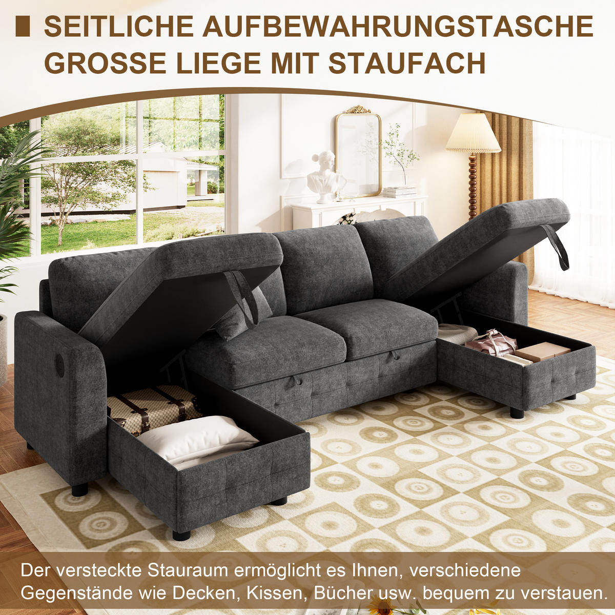 SOFA U Form Chenille Schlafsofa USB Type C Stauraum Grau - Dunkelgrau, Textil (260/82/128cm) - FLIEKS