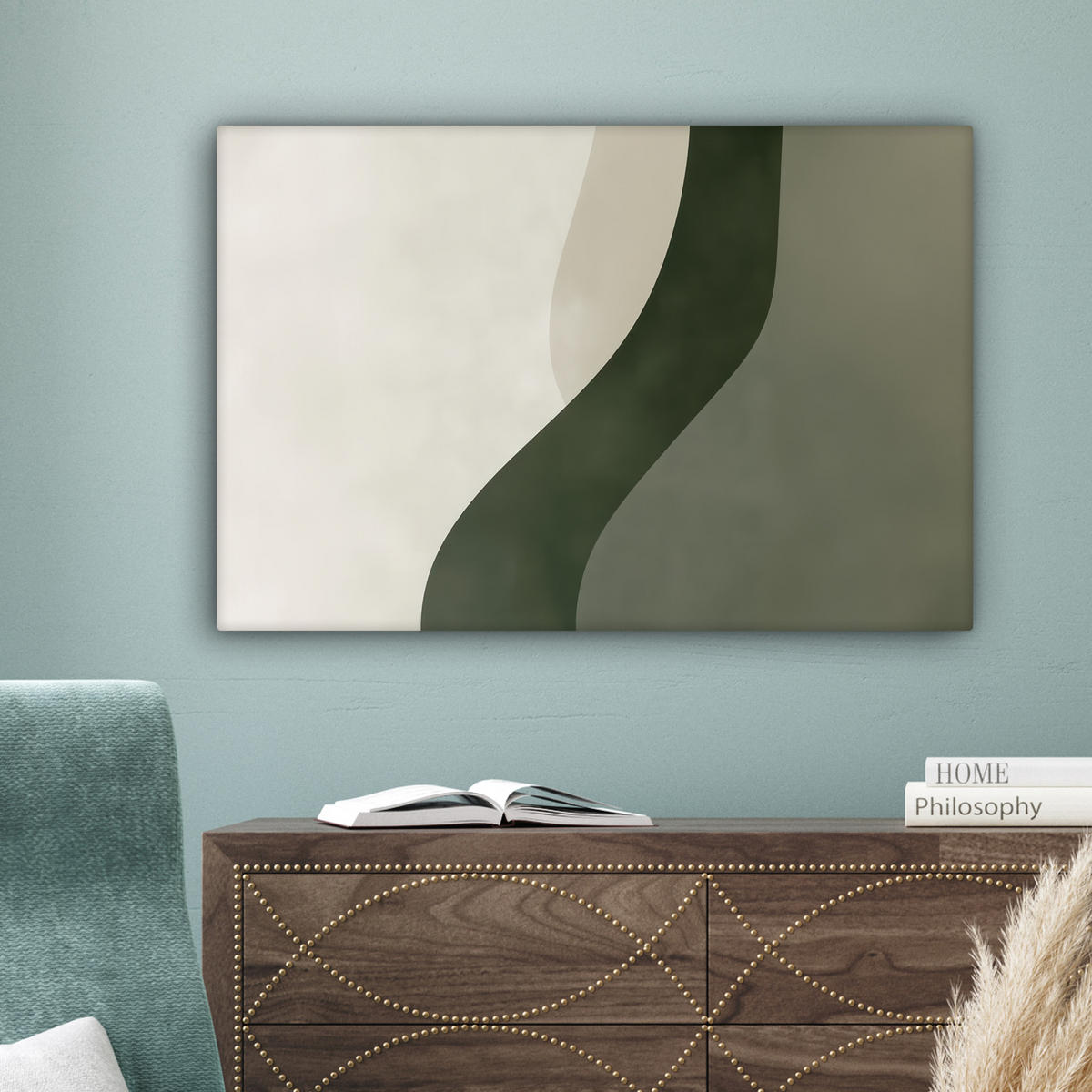 LEINWANDBILD Japandi - Grün - Abstrakt - Modern Wanddeko 90x60 cm - Salbeigrün, Textil (90/60cm) - MuchoWow