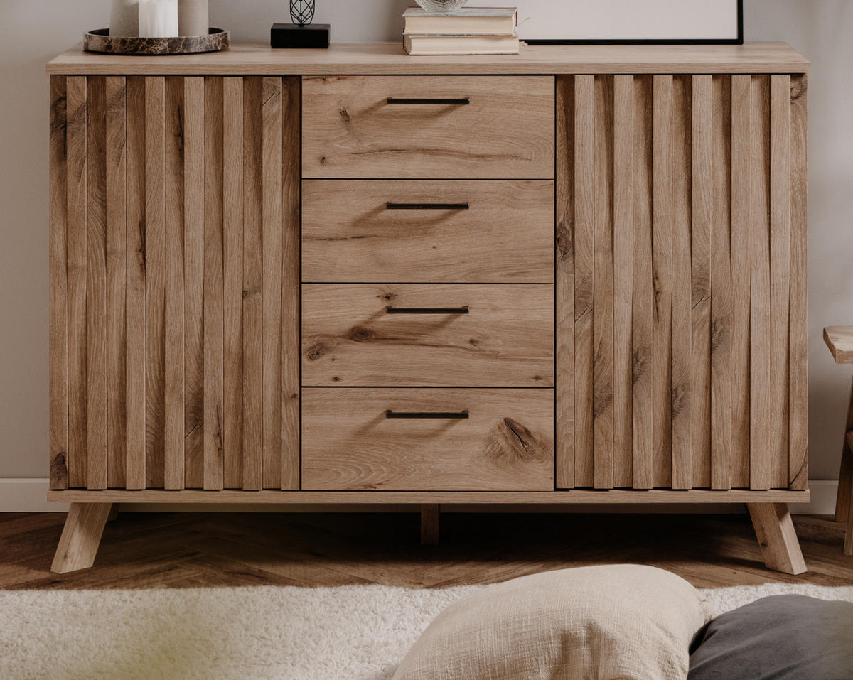 KOMMODE Eiche 127 cm, Sideboard mit viel Stauraum und Push-to-Open - Eichefarben/Messingfarben, Holzwerkstoff/Metall (127/85/40cm) - Furn.Design