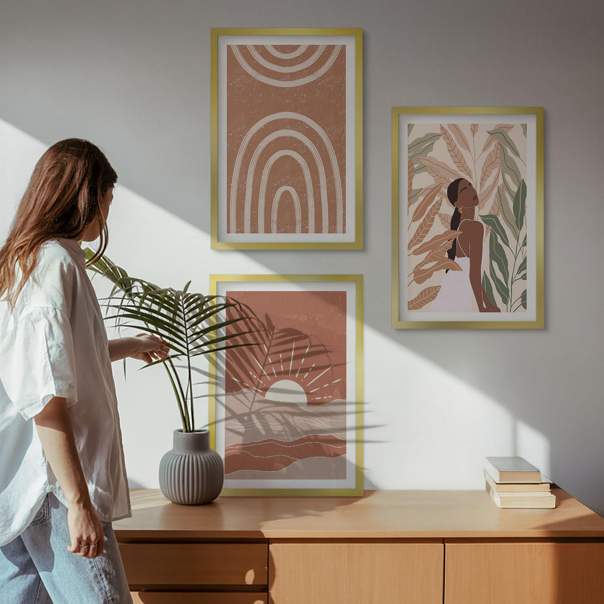 BILDER SET 3er Set - 40x60 cm Goldrahmen - abstrakte Formen im Boho-Stil - Goldfarben, Kunststoff (40/60cm) - TULUP