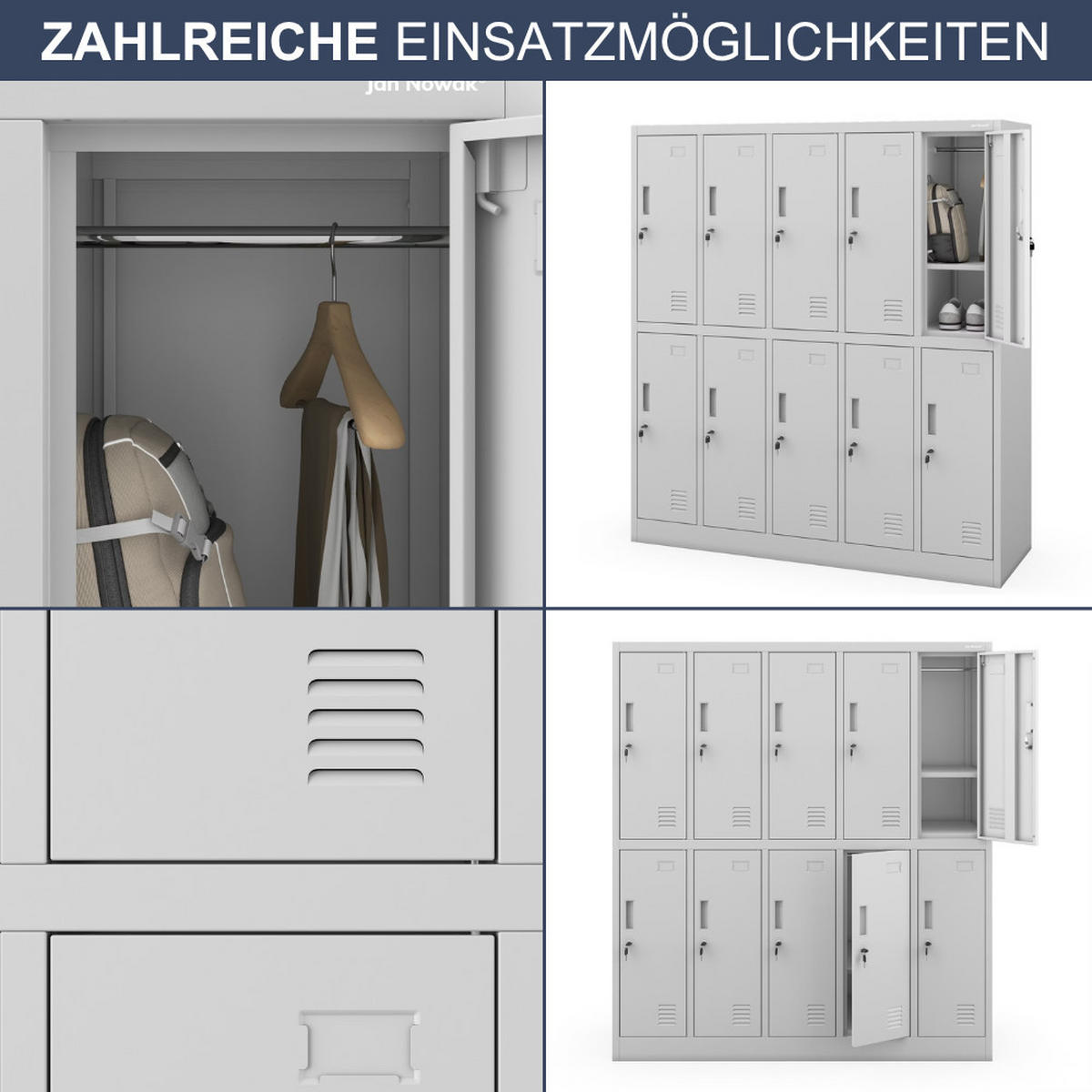UMKLEIDESCHRANK Spind BARTUS 10 Abteile 150x136x45cm Grau - Grau, Metall (136/150/45cm) - Jan Nowak
