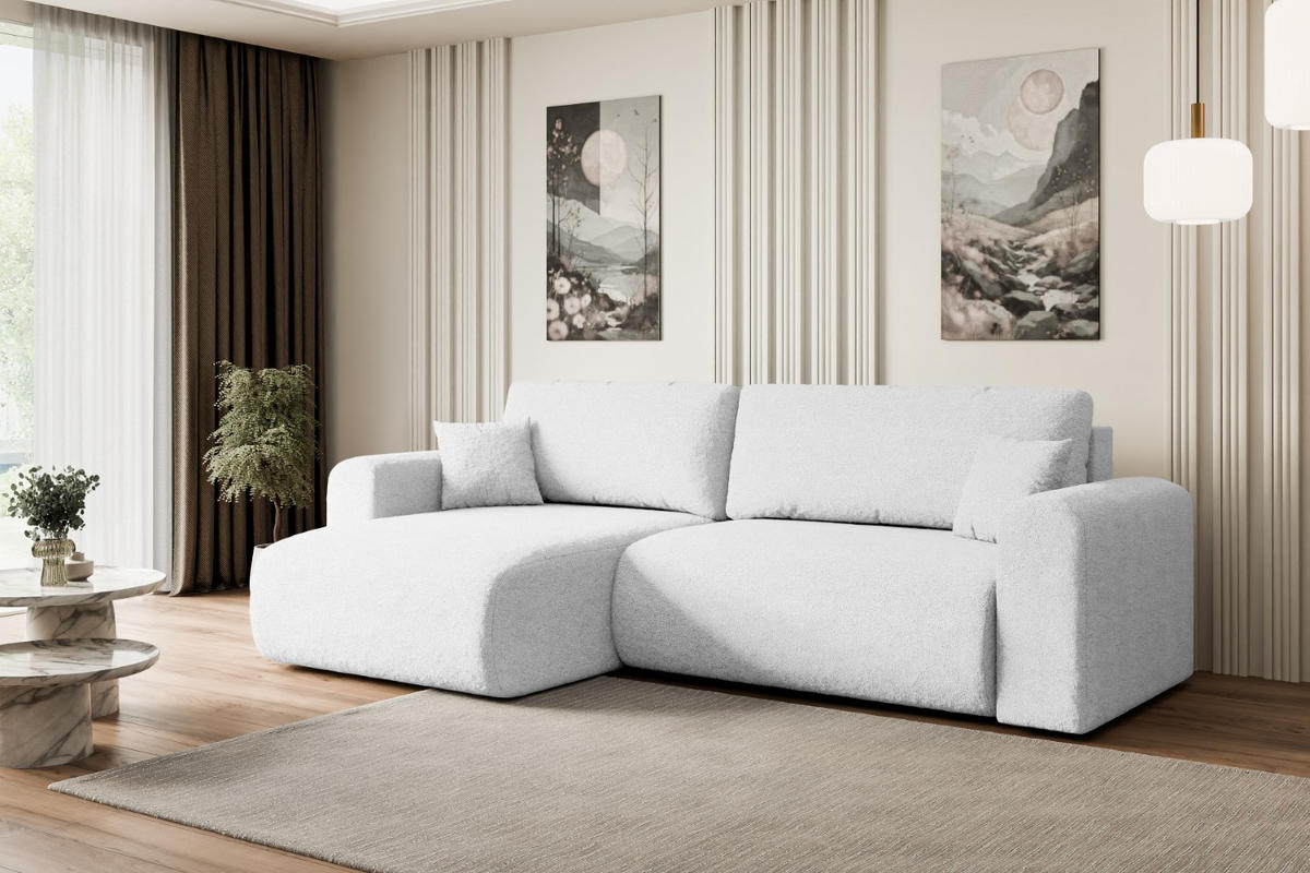 ECKSOFA mit Schlaffunktion und Bettkasten ORRO-L - 272x145x83 cm Weiß Bouclé - Schwarz/Weiß, Holzwerkstoff/Kunststoff (272/145cm) - ALTDECOR