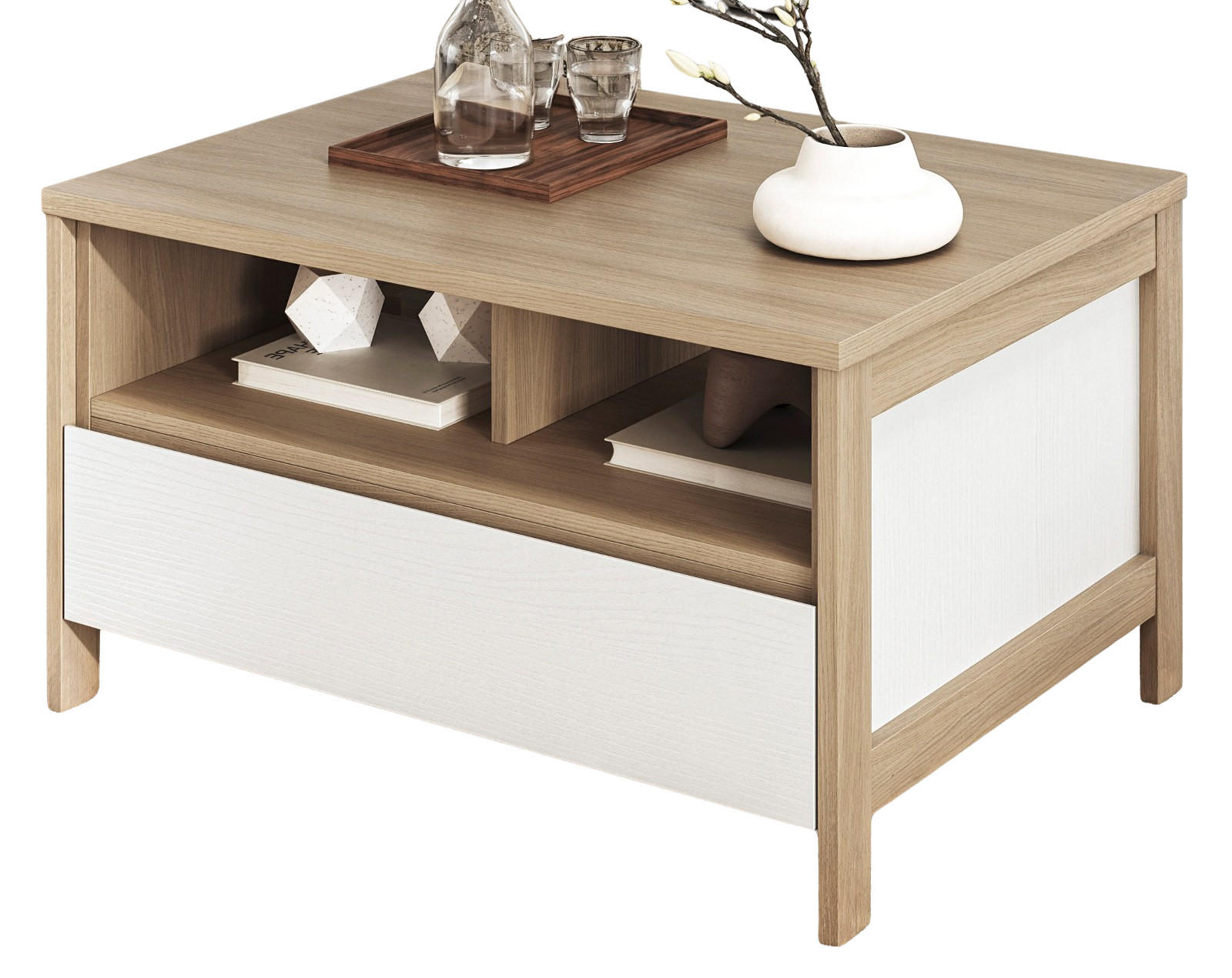 COUCHTISCH in weiß und Eiche Beistelltisch skandinavisch 80 x 60 cm, Soft-Close Finnes - Eichefarben/Weiß, Holzwerkstoff (60/80/46cm) - Furn.Design