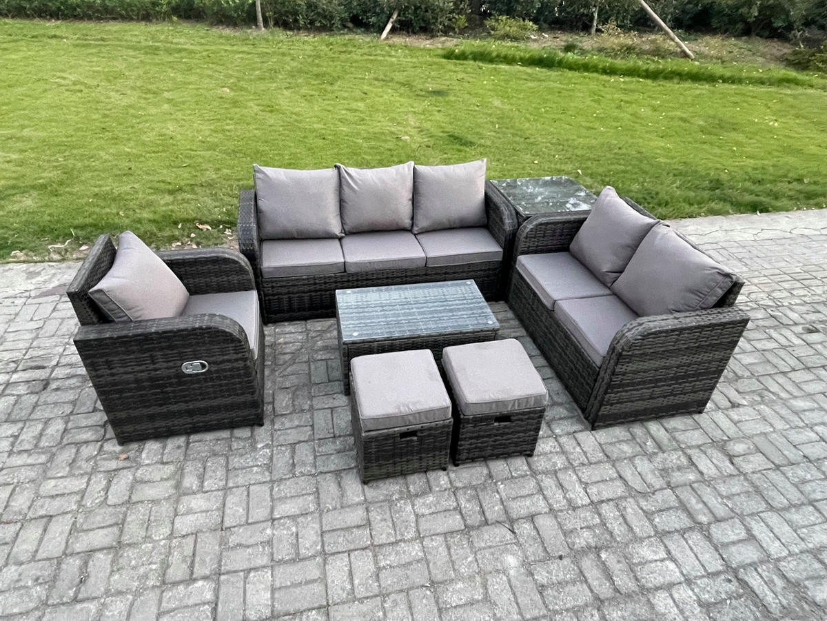 GARTENSET Polyrattan Dunkelgrau 8-Sitzer - Dunkelgrau/Grau, Glas/Kunststoff - Fimous