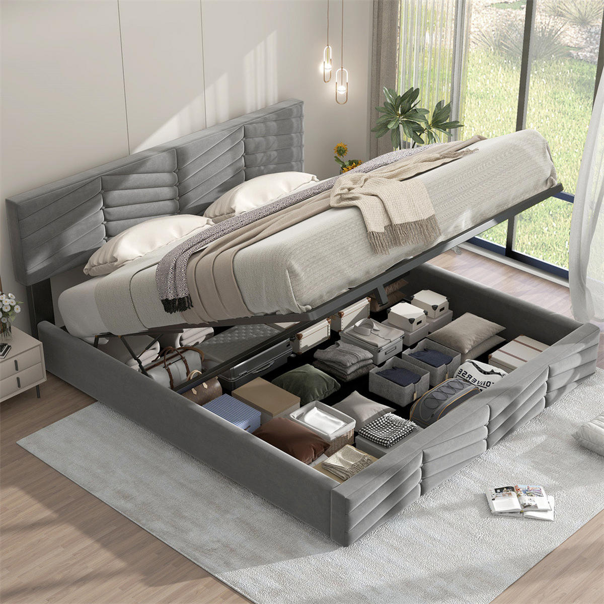 POLSTERBETT 180/200 cm in Grau Samt - Grau, Holz/Textil (180/200cm) - KOMHTOM