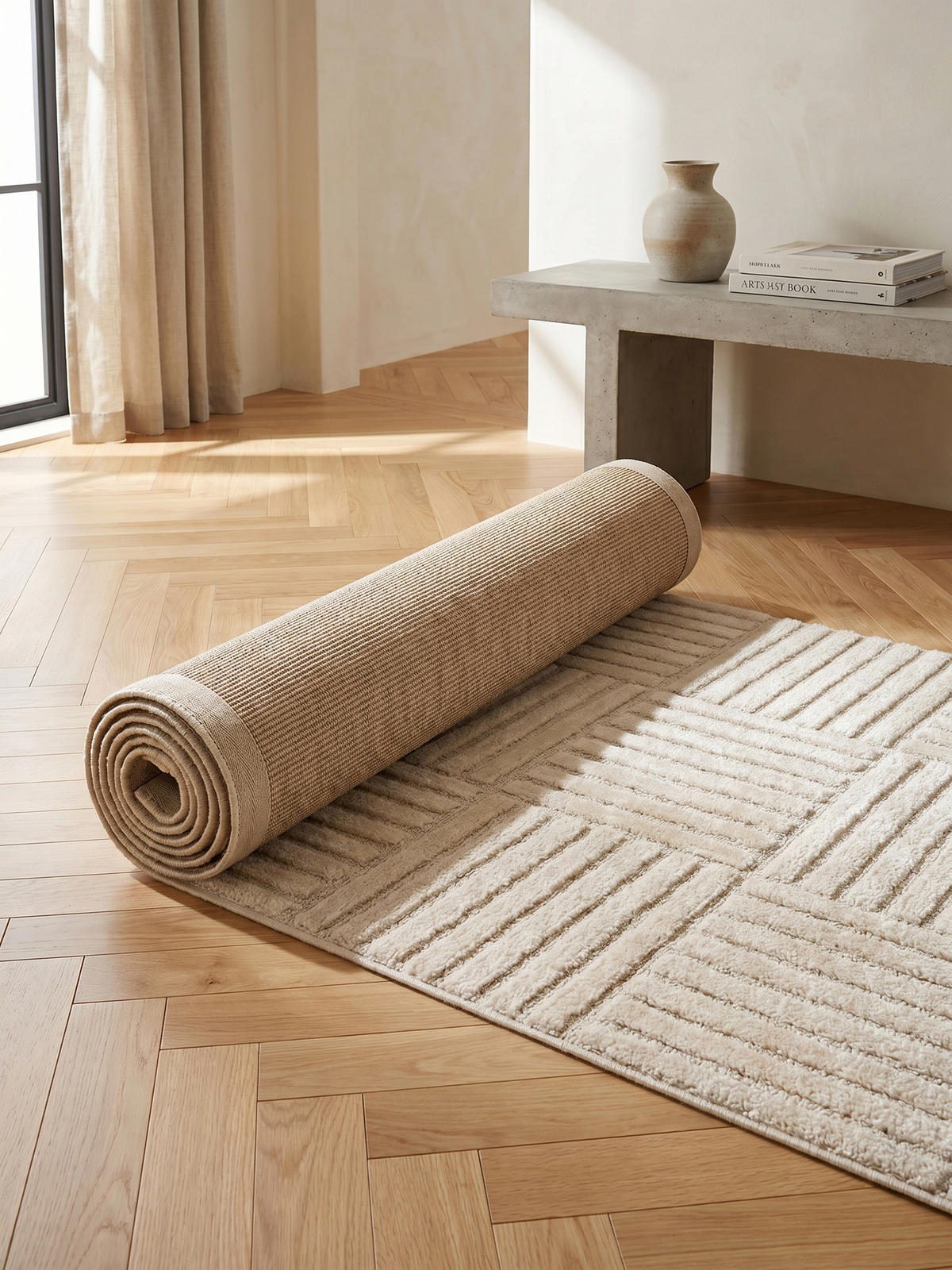 TEPPICH Hochflor RIGI in Creme, mit Cord-Streifen-Patchwork, 80 x 250 cm - Beige, Textil (80/250cm) - KADIMA DESIGN