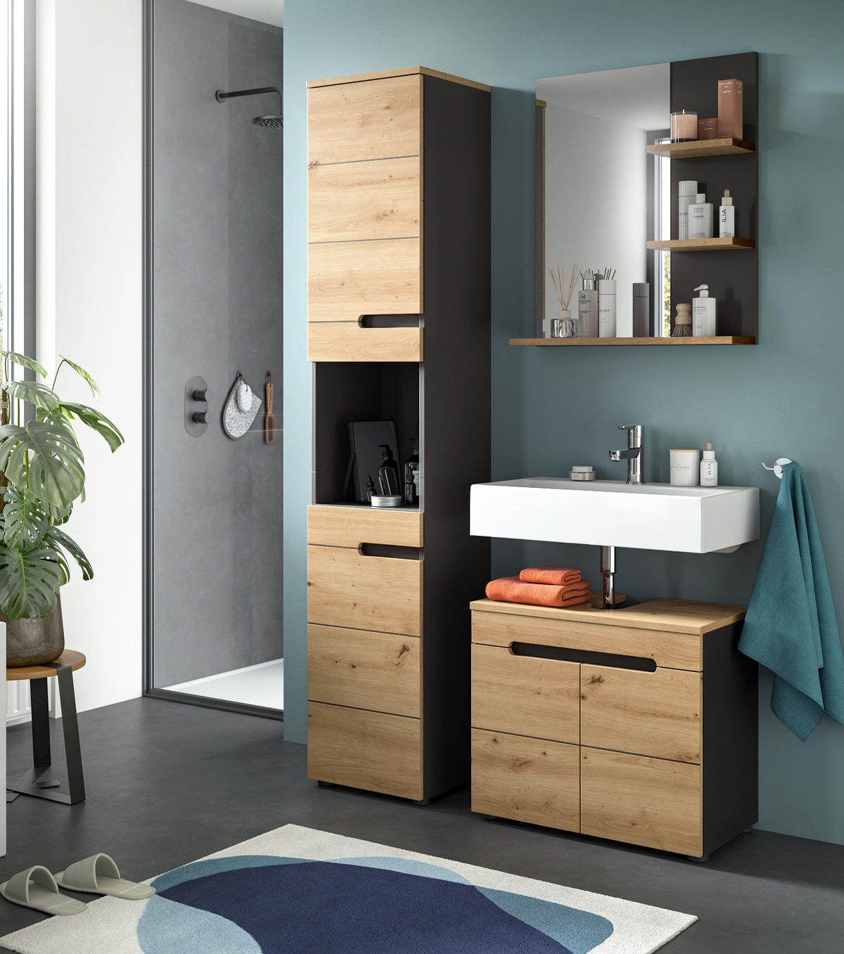 BADMÖBEL-SET Eiche, grau 2-teilig 63 cm, Komplettset mit Soft-Close - Schwarz/Eiche Artisan, Glas/Holzwerkstoff (63/193/34cm) - Inn.Furn