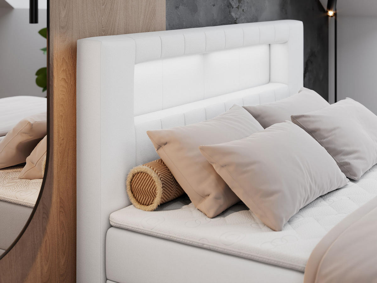 BOXBETT GOLD-5 LED 160/200 Weiß Kunstleder - H3 - Weiß, Holz/Textil (160/200cm) - MKS
