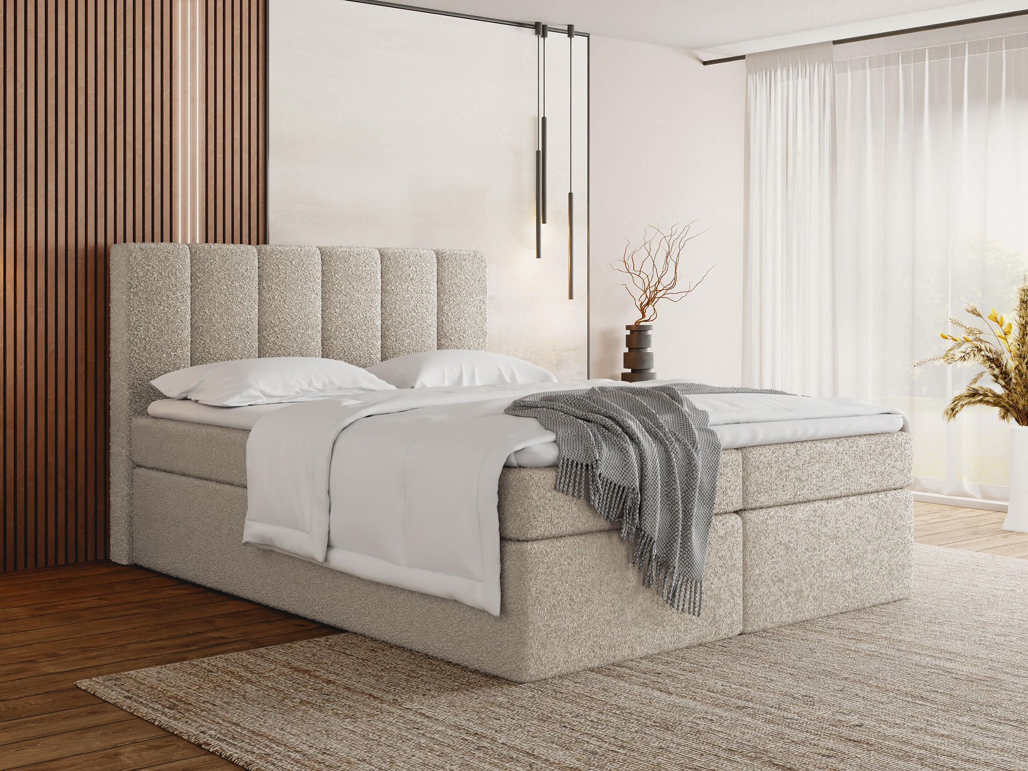 BOXBETT Amira mit Bettkasten, Beige Boucle 180x200 cm - inkl. H4 Matratze und H3 Foam Topper - Beige/Schwarz, Holzwerkstoff/Kunststoff (180/200cm) - WFL GROUP