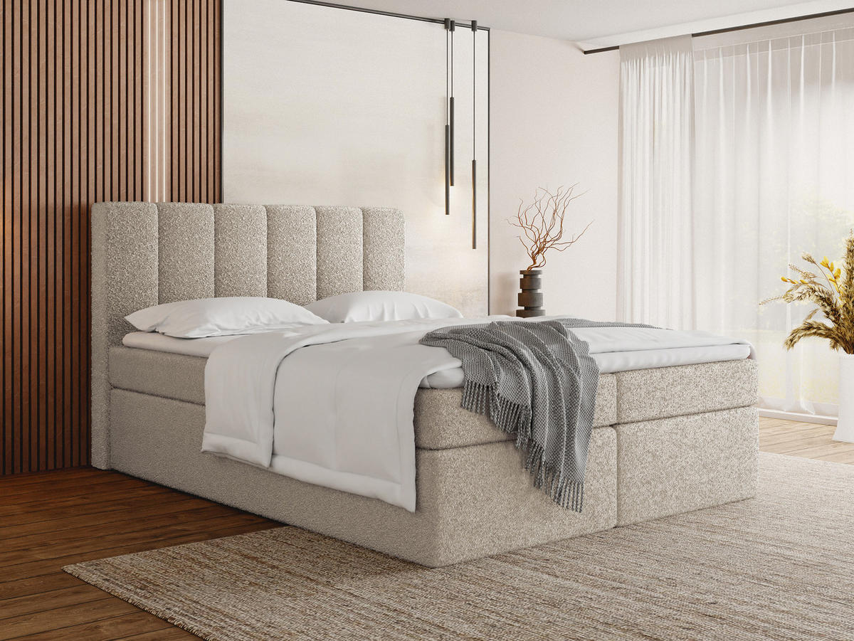 BOXBETT Amira mit Bettkasten, Beige Boucle 160x200 cm - inkl. H4 Matratze und H2 Visco Topper - Beige/Schwarz, Holzwerkstoff/Kunststoff (160/200cm) - WFL GROUP