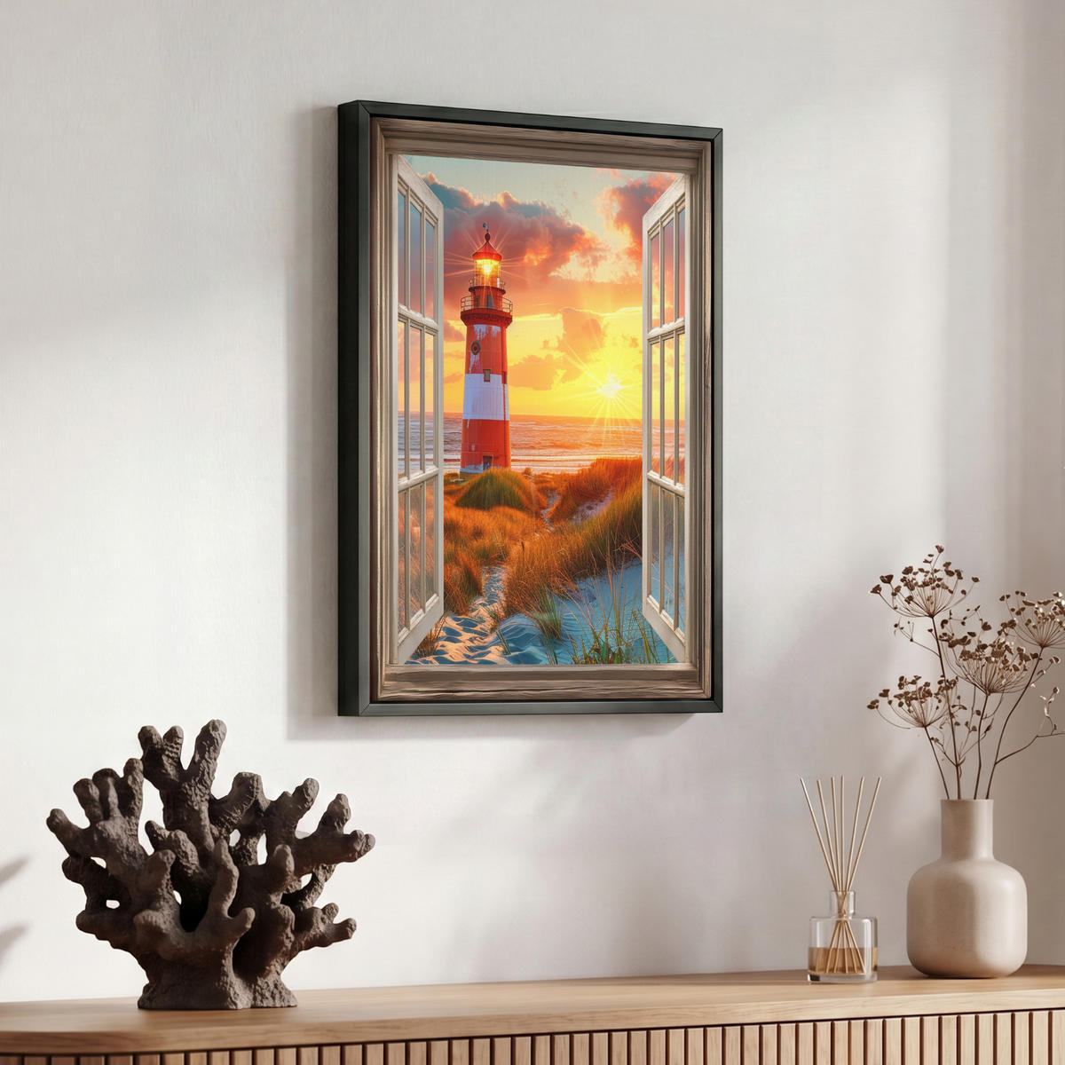 LEINWAND Bilder mit Rahmen - Aussicht - Fenster - Leuchtturm - Sonnenuntergang - Strand - 30x40 - Dunkelorange, Textil (30/40cm) - MuchoWow