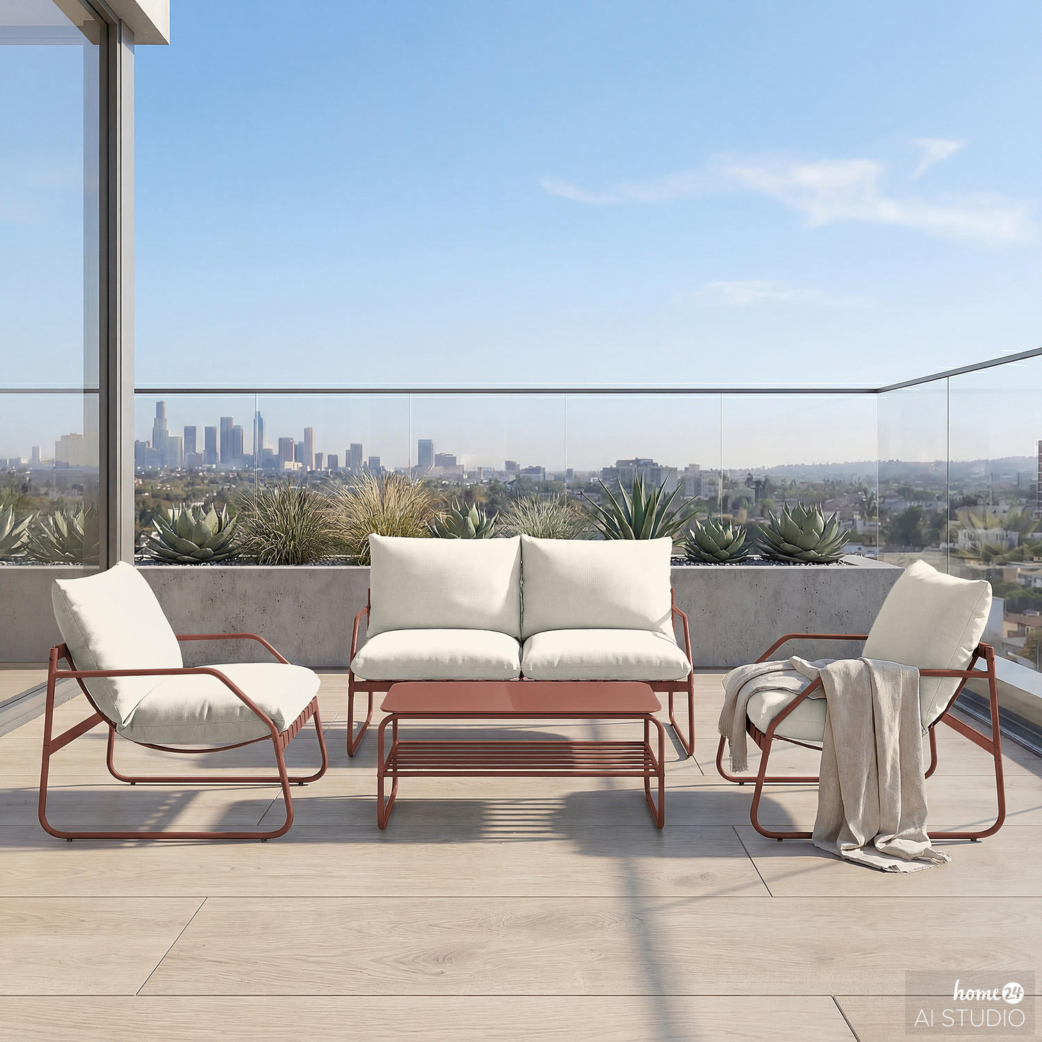 LOUNGEGRUPPE - 4-teilig - Stahl / Webstoff - Terracotta, Glas/Textil - home24