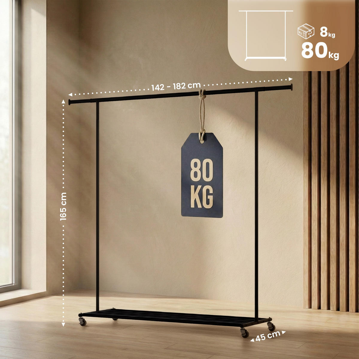 KLEIDERSTÄNDER Otto 142x45x165cm Metall Schwarz Kleiderstange - Schwarz, Metall (142/165/45cm) - DELUKE