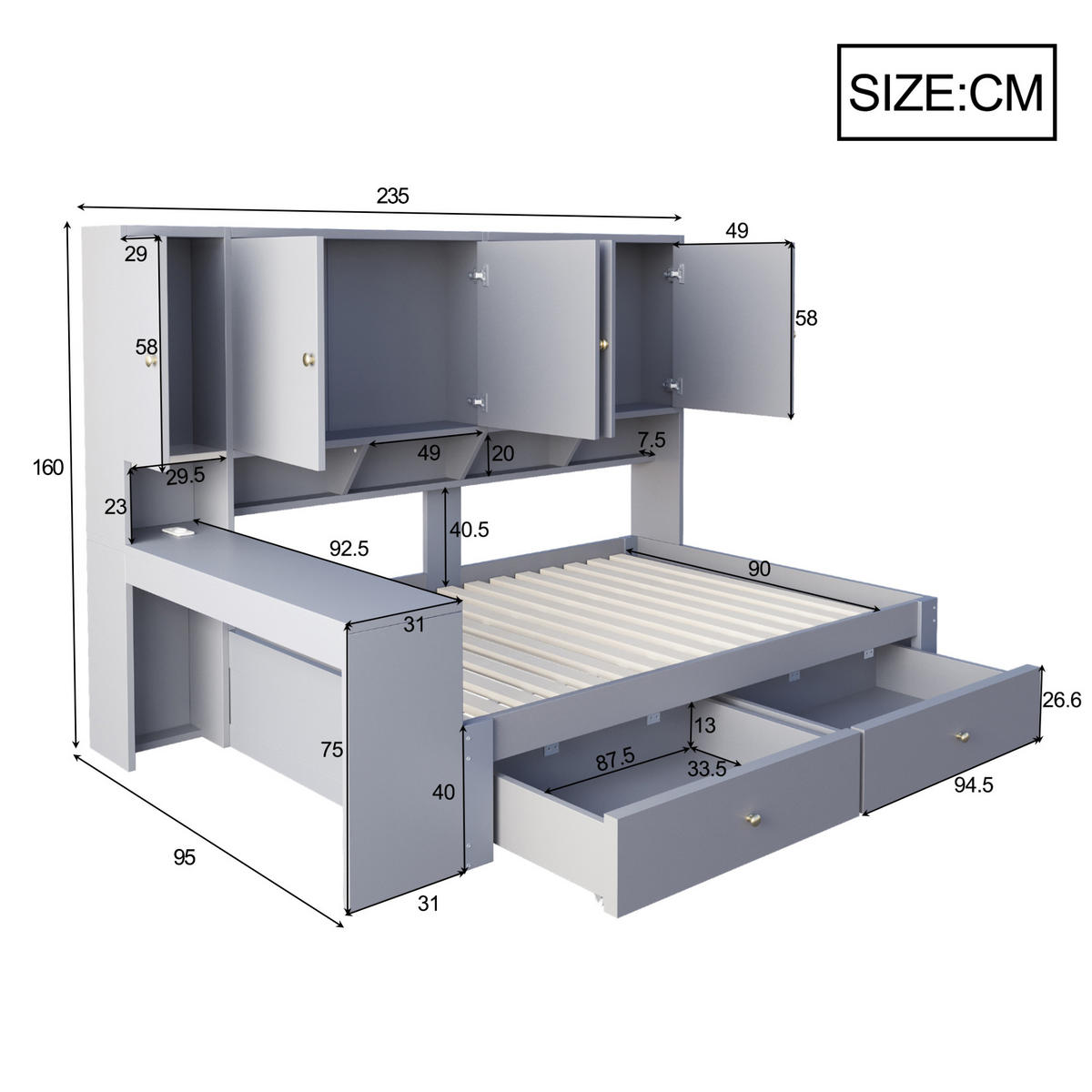 STAURAUMBETT 90/200 cm mit Schreibtisch, LED und Schubladen, DE-41644, in Grau - Grau, Holzwerkstoff (90/200cm) - ComfortXL