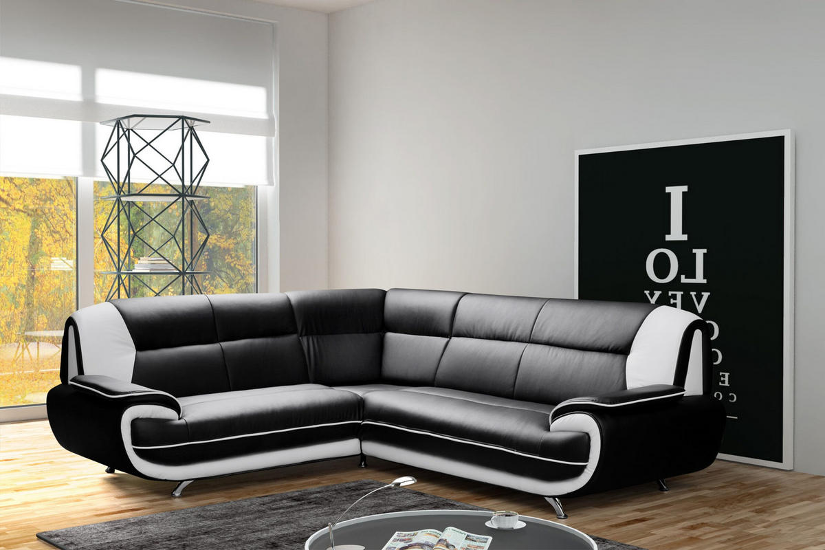 ECKSOFA L-Form, Stoff Soft, Schwarz + Weiß, Links, Palermo - Schwarz, Holz (240/210cm) - Kaiser Möbel