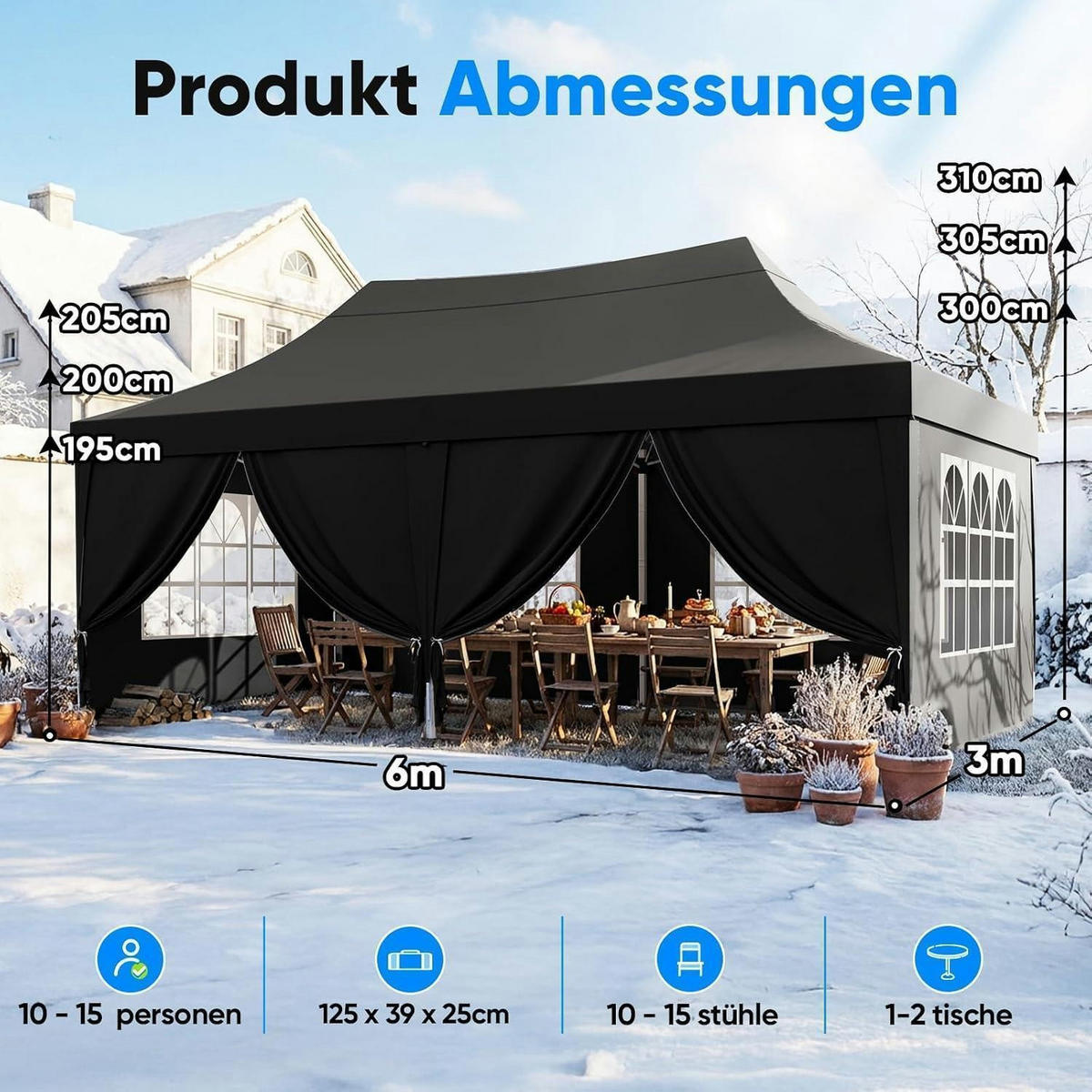 FALTPAVILLON 3x6m mit Seitenwänden wasserdicht UV-Schutz 50+ Stahlrahmen Schwarz - Schwarz, Metall (585/310/293cm)