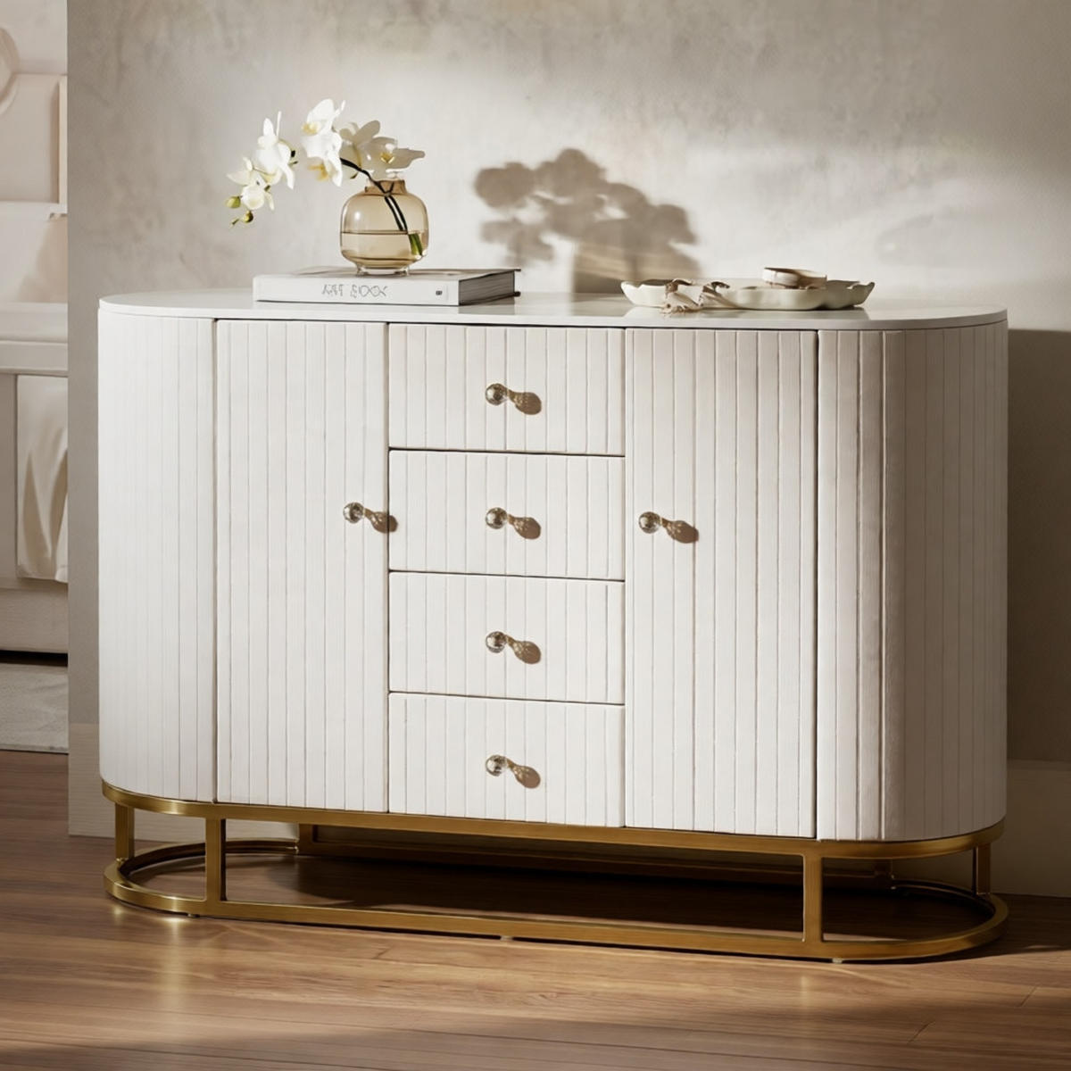 KOMMODE Montpellier, cremefarben, goldfarben und weiß, Eisen, Holz, Stoff und Polyurethan (PU), 120 x 40 x 85 cm - Goldfarben/Creme, Holz/Kunststoff (120/85/40cm) - Mauro Ferretti