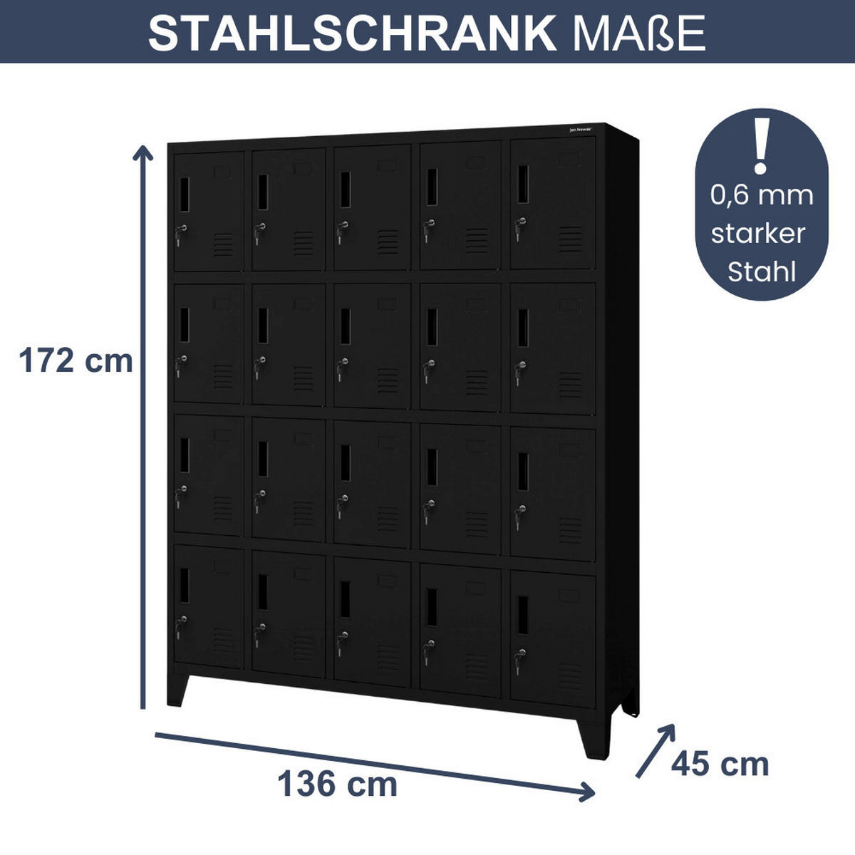 SCHLIESSFACHSCHRANK Spind TAMPA 20 Fächer172x136x45cm Schwarz - Schwarz, Metall (136/172/45cm) - DELUKE